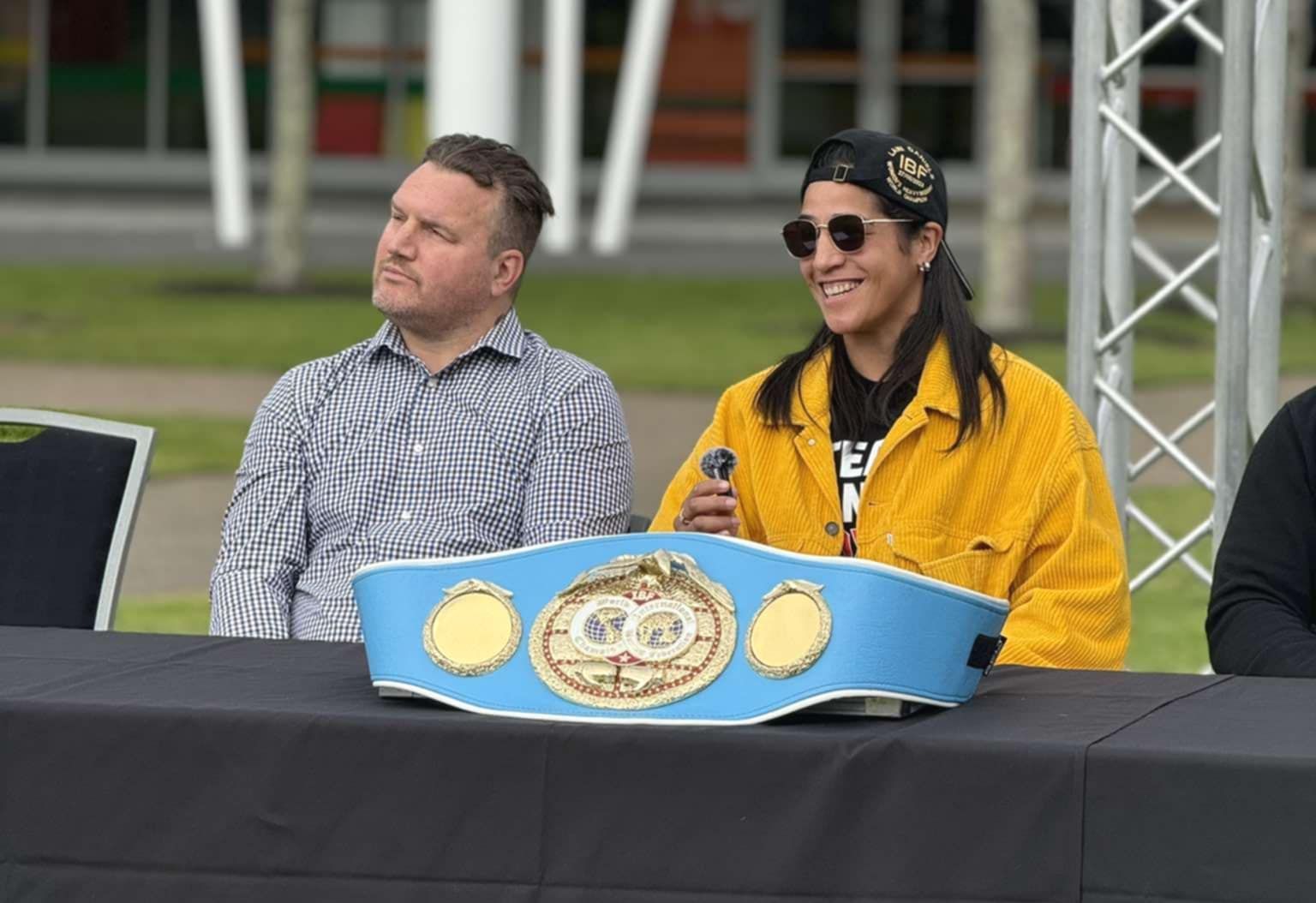 Nigel Elliott, of Ironfist Promotions, with Lani Daniels who will defend her IBF world light heavyweight title at Hamilton's Globox Arena.