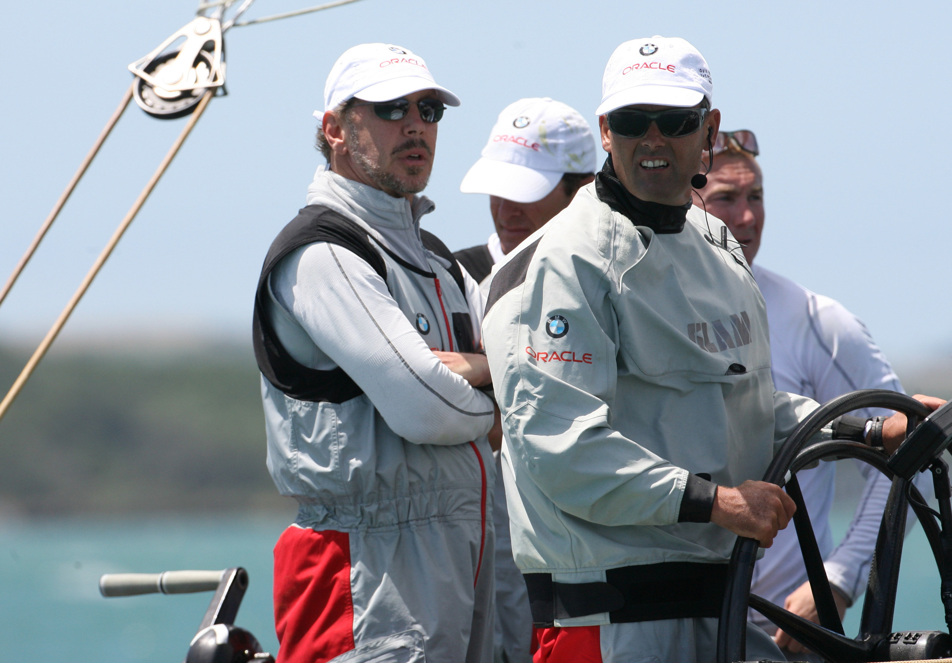 Larry Ellison and Sir Russell Coutts on BMW Oracle Racing during the Louis Vuitton Pacific Series on Auckland's Waitematā Harbour in 2009. 