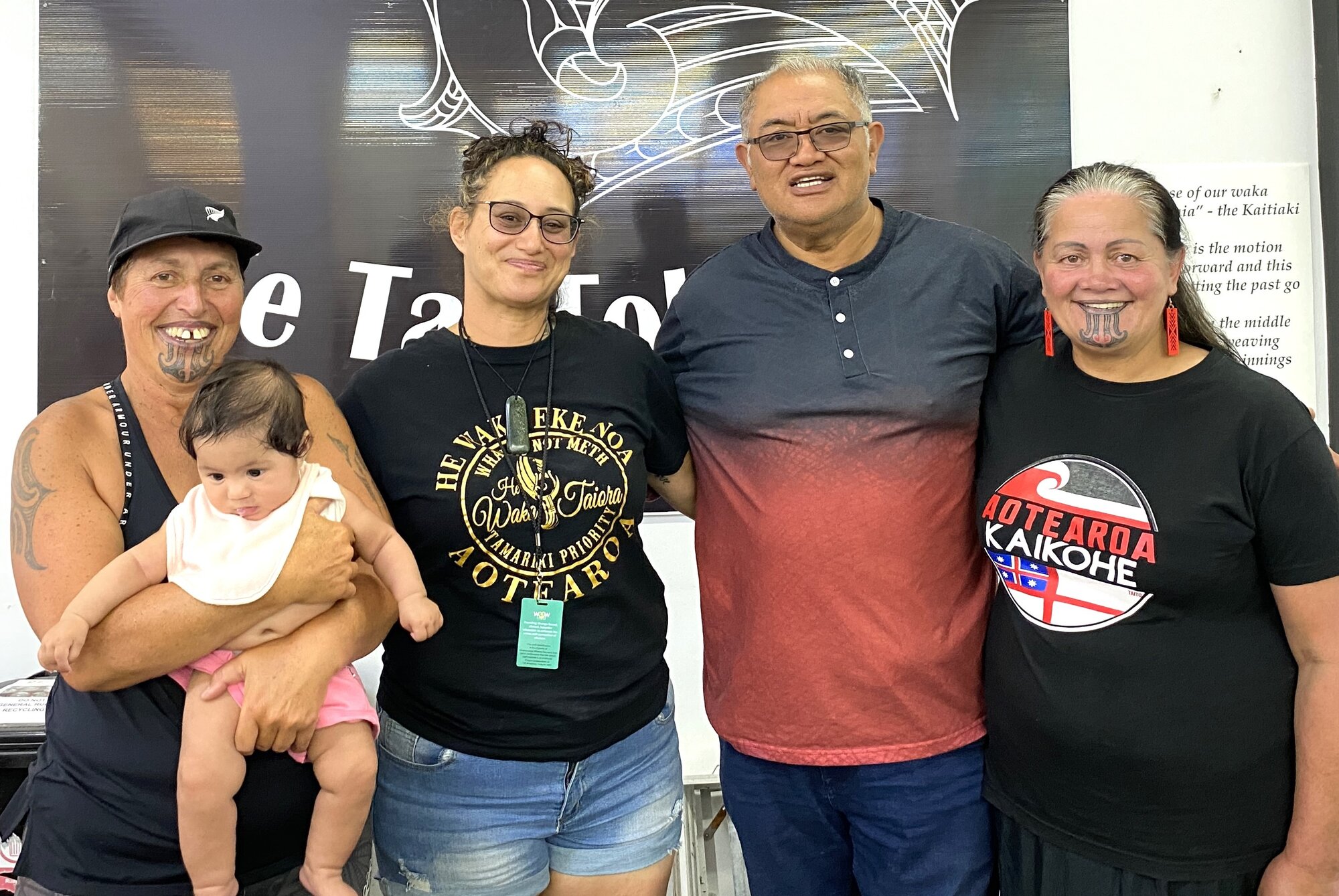 The Whakaoranga Whānau Recovery Hub team includes Rhonda Zielinski, pictured with grandchild, alcohol and other drug clinicians Bess Pehi and Stu Eiao and peer support worker Deeann Kopa. Photo / Denise Piper