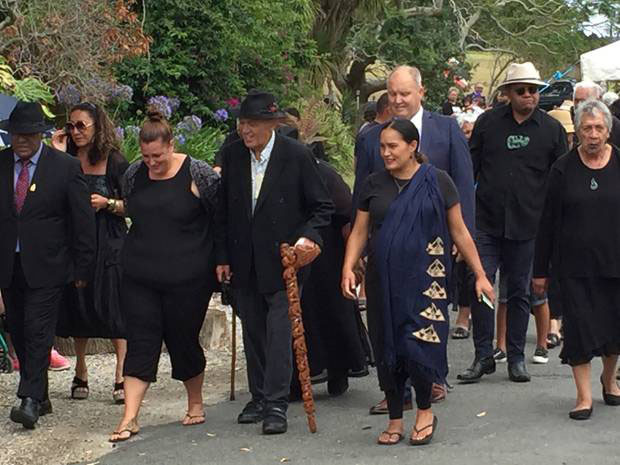 Qiane Matata-Sipu and Pania Newton of Soul, walk with Kingi Tuheitia after his visit to Ihumatao. Photo / Khalia Strong 