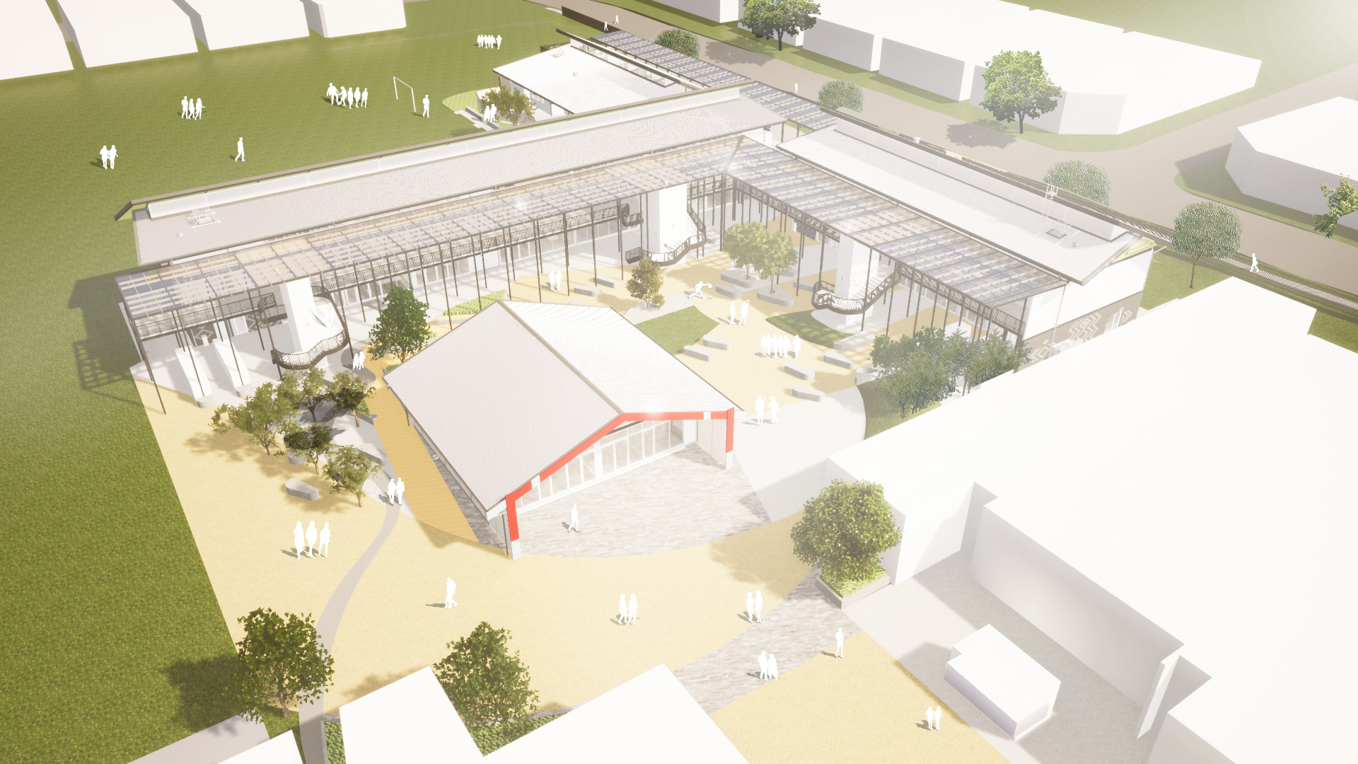 Aerial perspective of planned wananga and new classroom blocks at Kamo High School.