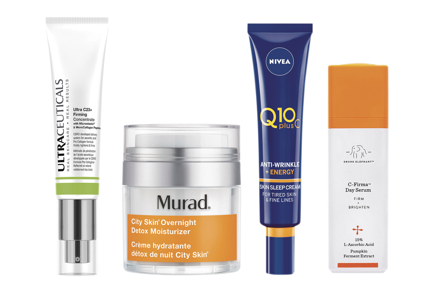 (From left) Ultraceuticals; Murad; Nivea; Drunk Elephant. Photos / Supplied