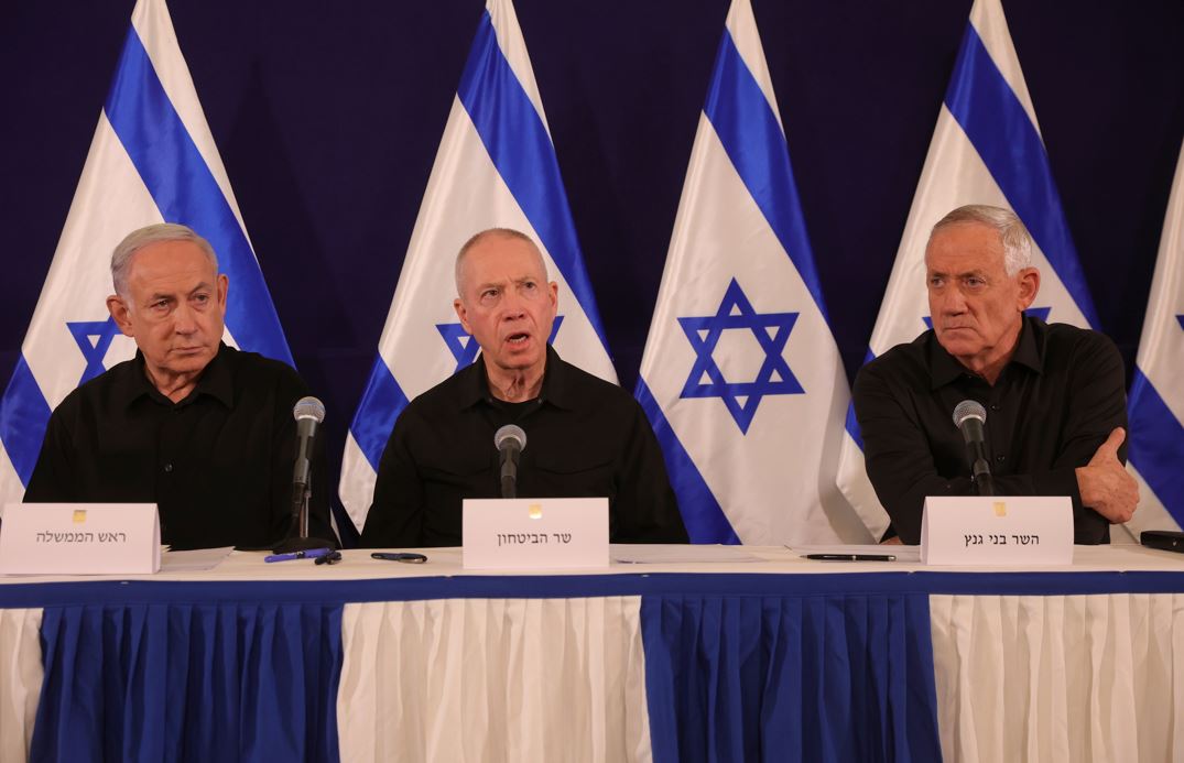 Israeli Prime Minister Benjamin Netanyahu, Defense Minister Yoav Gallant and Cabinet Minister Benny Gantz speak during a news conference in the Kirya military base in Tel Aviv. Photo / AP