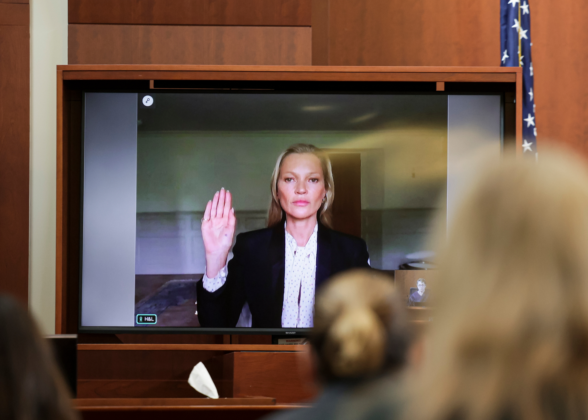Model Kate Moss, a former girlfriend of actor Johnny Depp, testifies via video link at the Fairfax County Circuit Courthouse. Photo / Evelyn Hockstein, Pool via AP