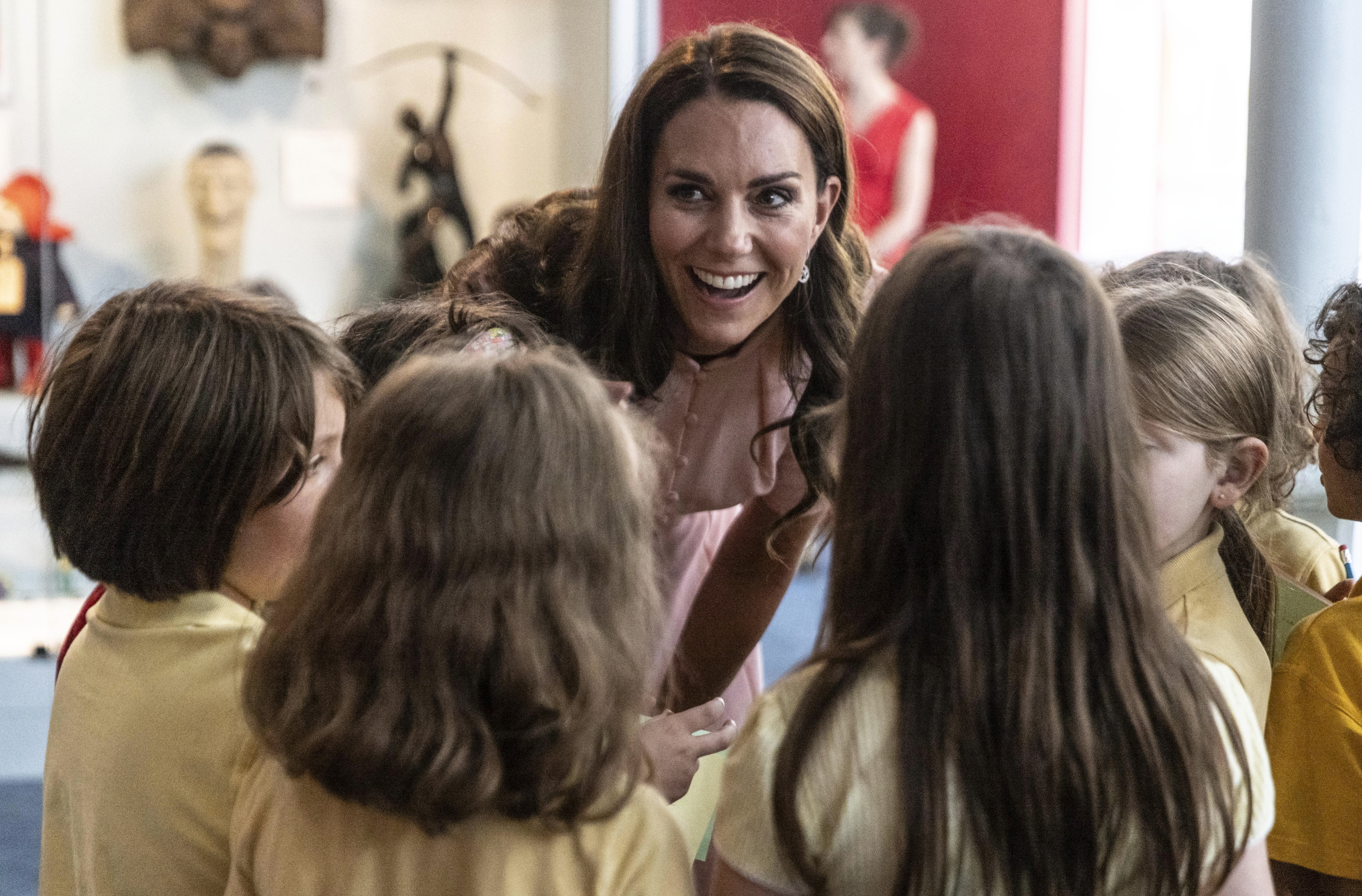 Kate, Princess of Wales, patron of the V&A, with children of Globe Primary school. Photo / AP