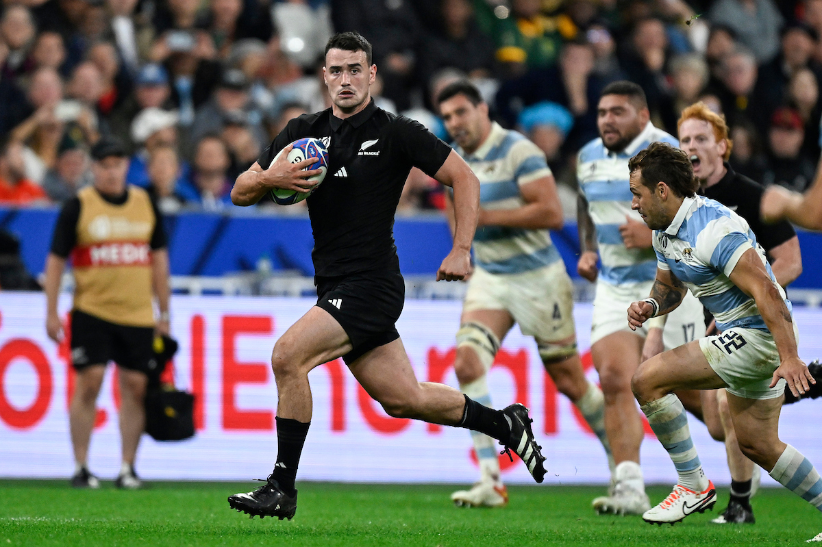 Will Jordan scored a hat-trick against Argentina in the All Blacks' semifinal win at the Rugby World Cup. Photo / Photosport