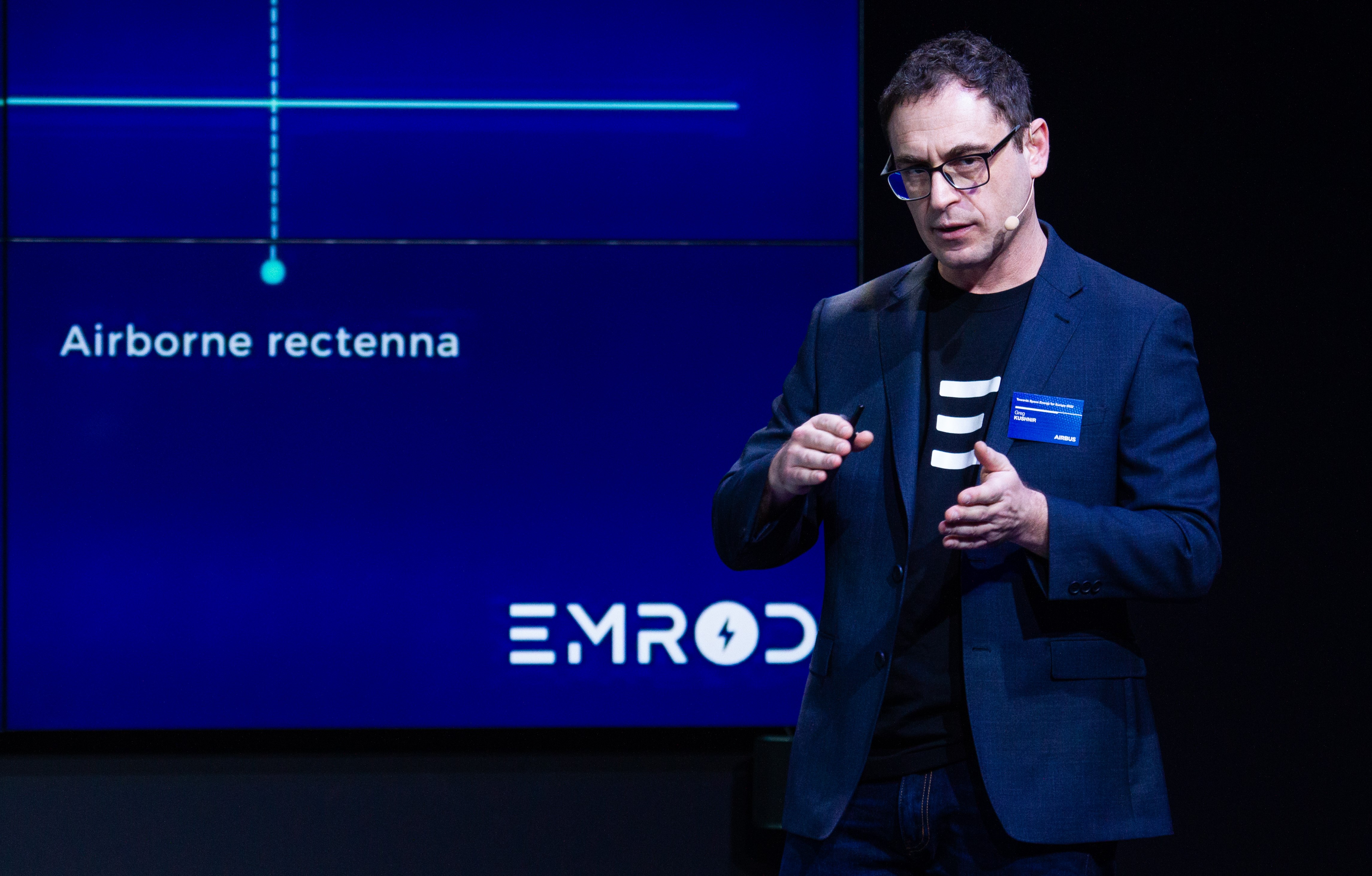Greg Kushnir, chief executive of Emrod, presenting his company's power-beaming invention in Munich last year. Photo / Airbus