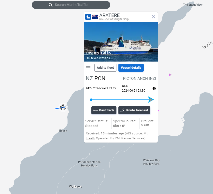 MarineTraffic is showing the Interislander ferry, Aratere, has stopped.