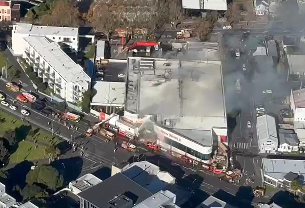 The fire at the store on Tuesday. Photo / Auckland Westpac Rescue Helicopter