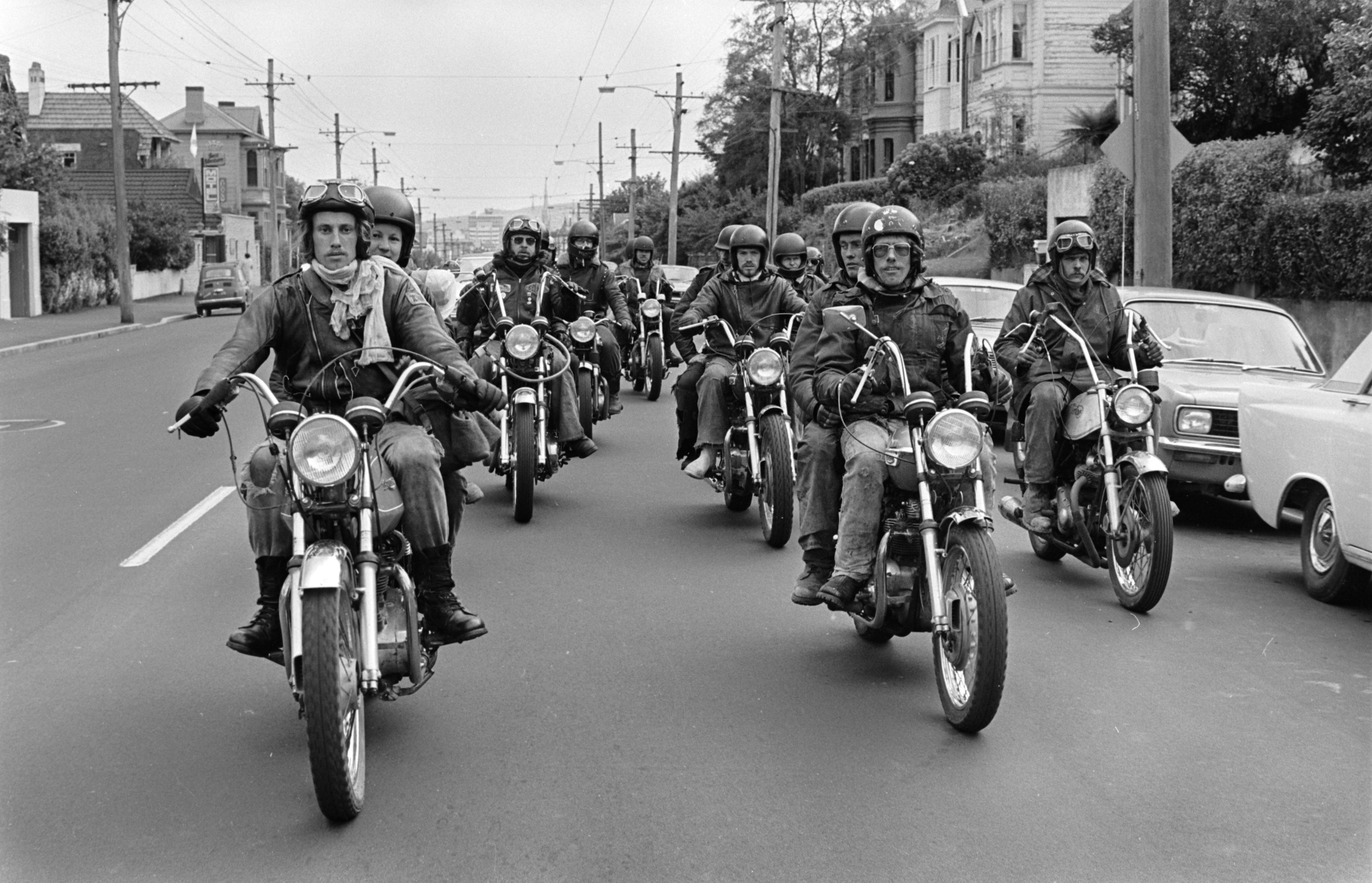 Devils Henchmen MC members ride through Timaru in 1979 after the death of then Timaru chapter president D Foster. Photo / Otago Daily Times