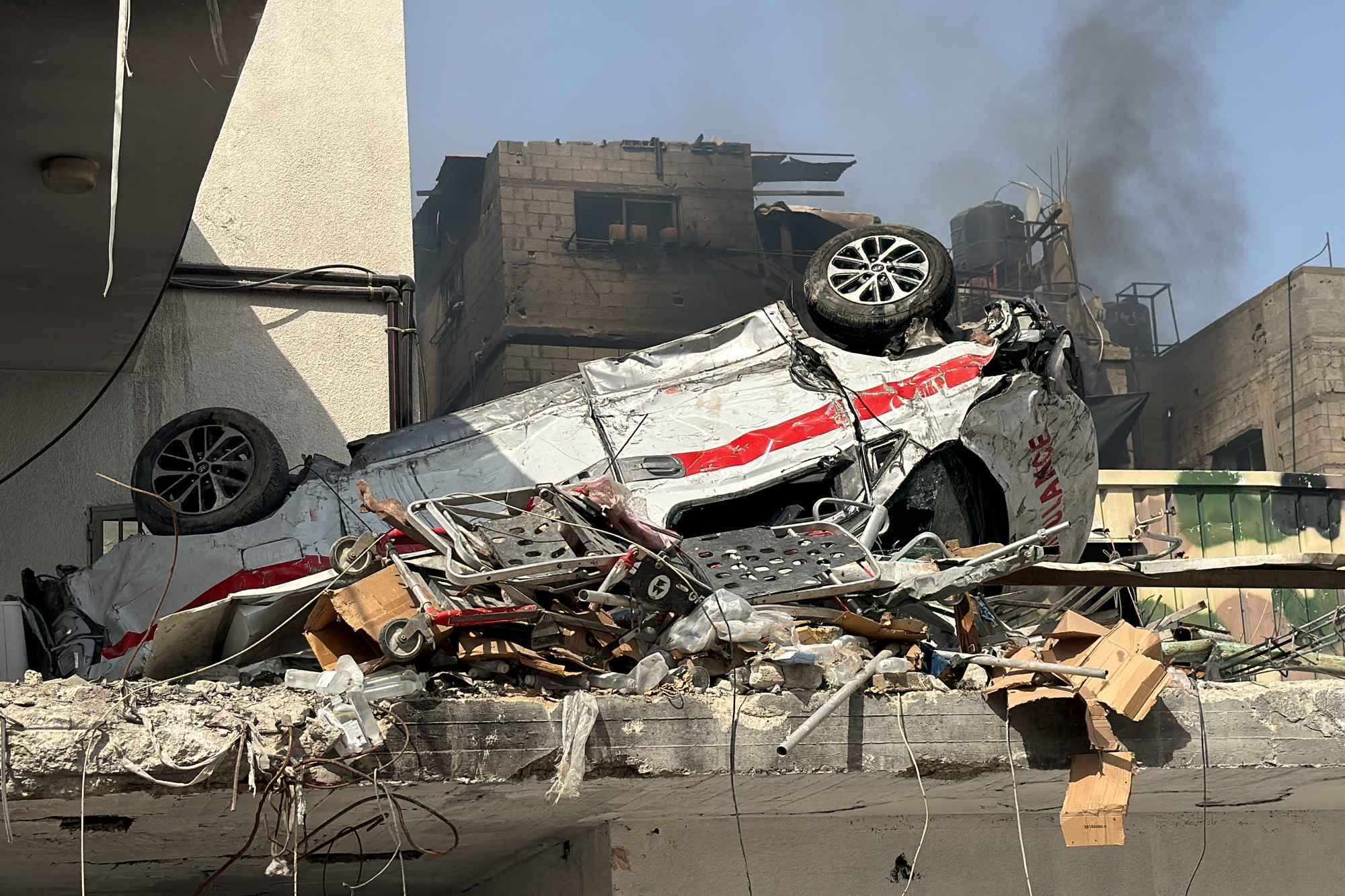 An ambulance at a hospital in Beit Lahia in the northern Gaza Strip thatwas destroyed during an Israeli airstrike. Photo / AFP