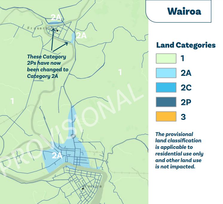 Provisional map showing areas around Wairoa and Frasertown which are in Category 2.