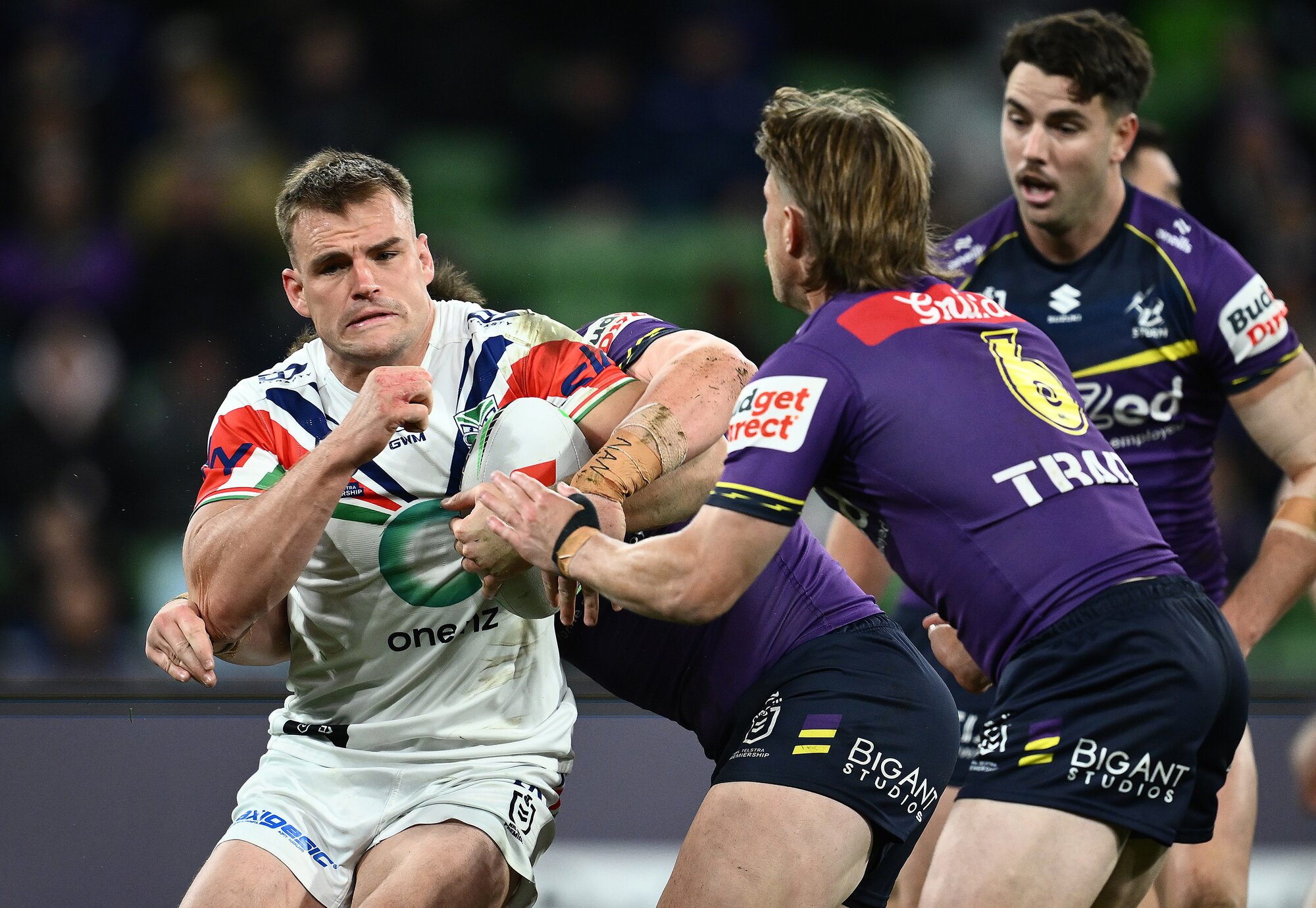 Jackson Ford of the Warriors during the NRL Round 6 match between the Melbourne Storm and the New Zealand Warriors at AAMI Park in Melbourne, Saturday, April 11, 2026. (AAP Image/Joel Carrett/Photosport) JFord