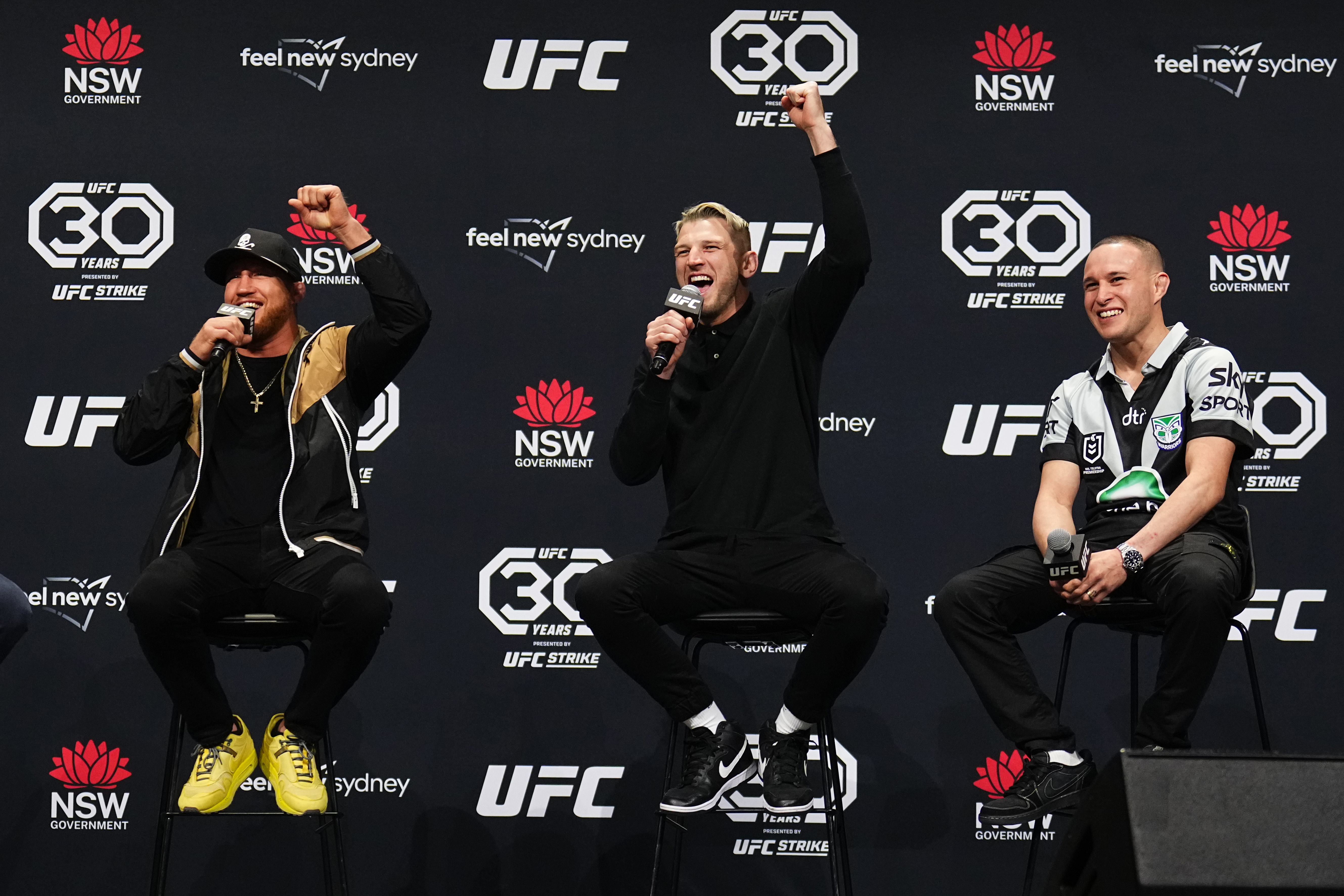 Justin Gaethje (left) and Dan Hooker (centre) will fight at UFC 313 in March. Photo / Getty Images