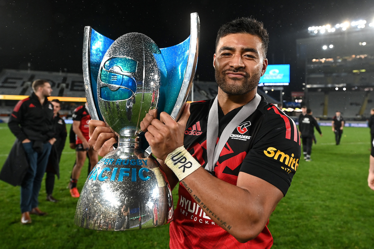 Richie Mo'unga with the Super Rugby Pacific trophy. Photo / Photosport