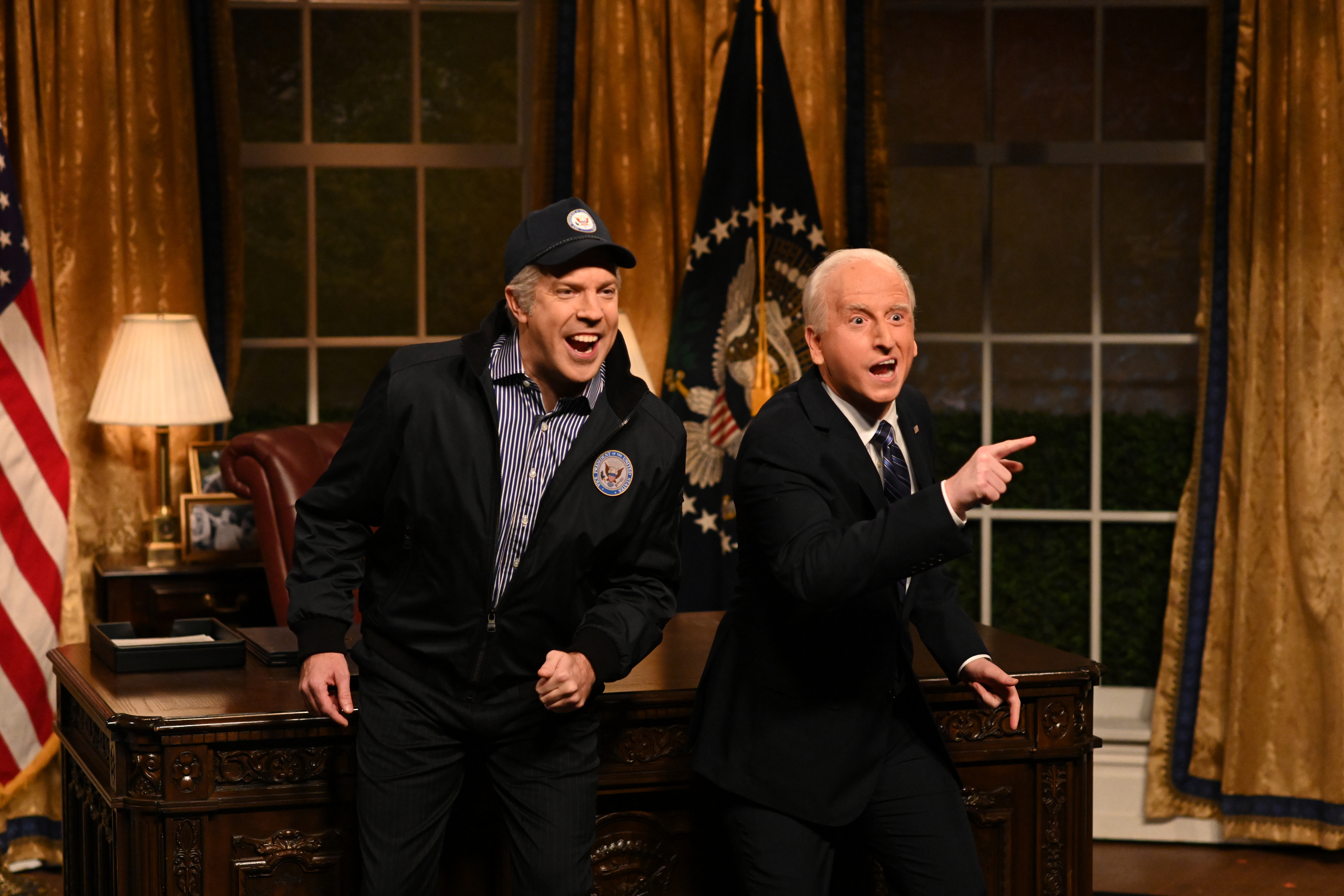 Host Jason Sudeikis as 2013 Vice President Joe Biden and James Austin Johnson as 2023 President Joe Biden during the