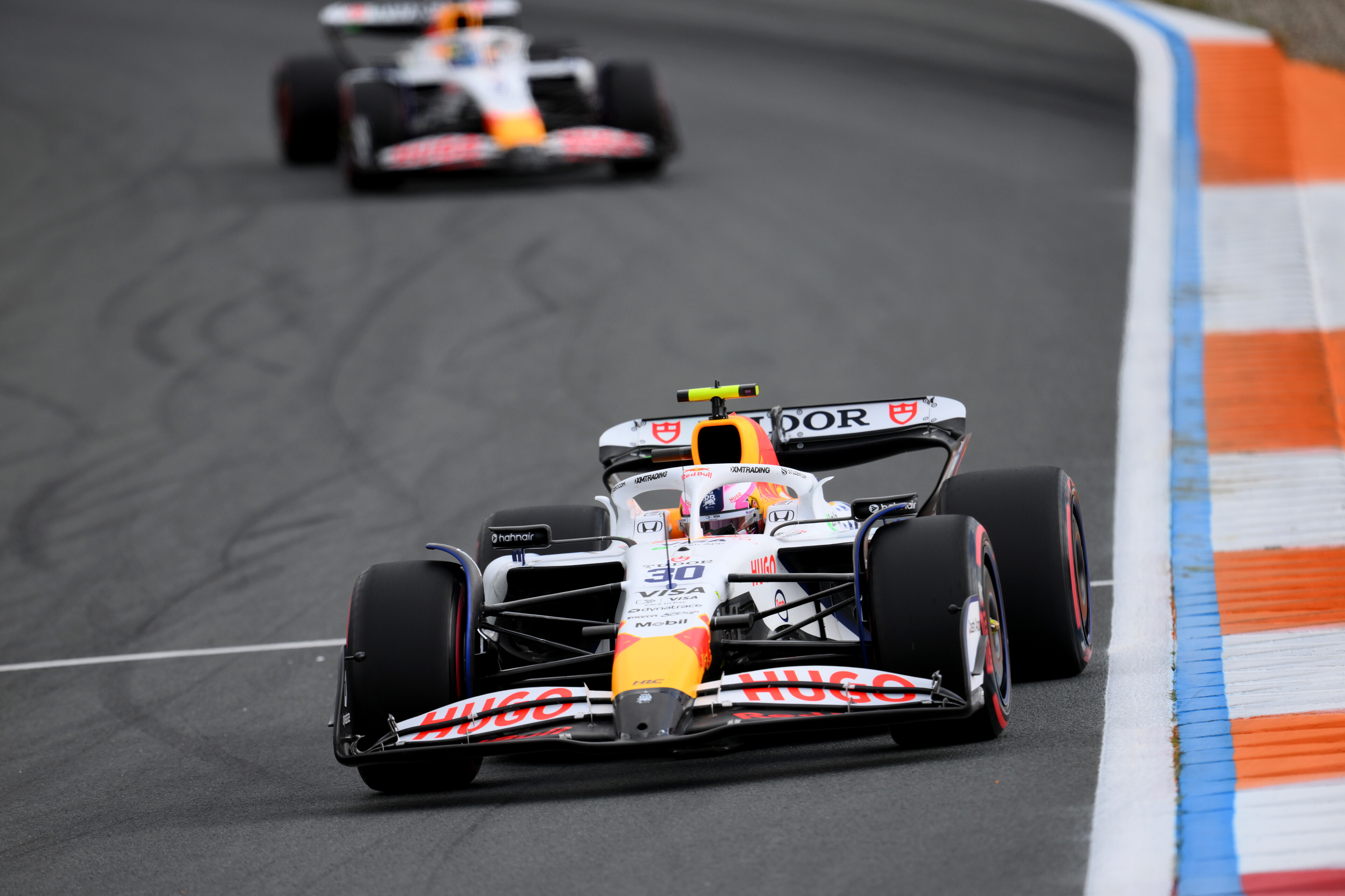 Liam Lawson ahead of Isack Hadjar at the Dutch Grand Prix. Photo / Red Bull