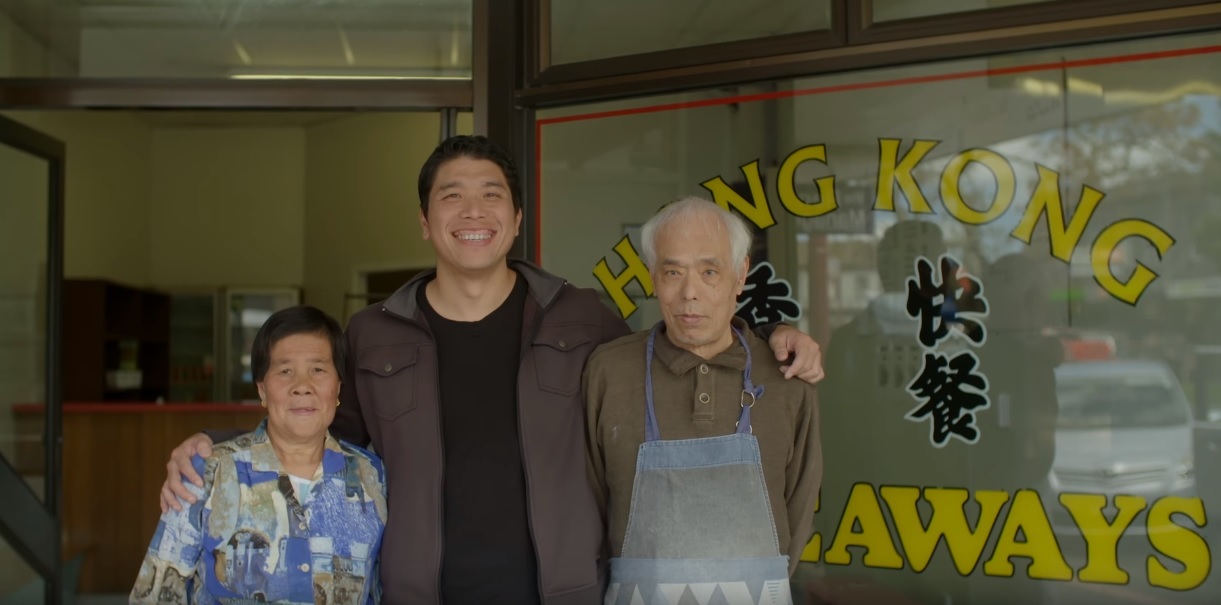 Danny Ing with his parents, who have run a takeaway in Te Puke for more than 30 years. 