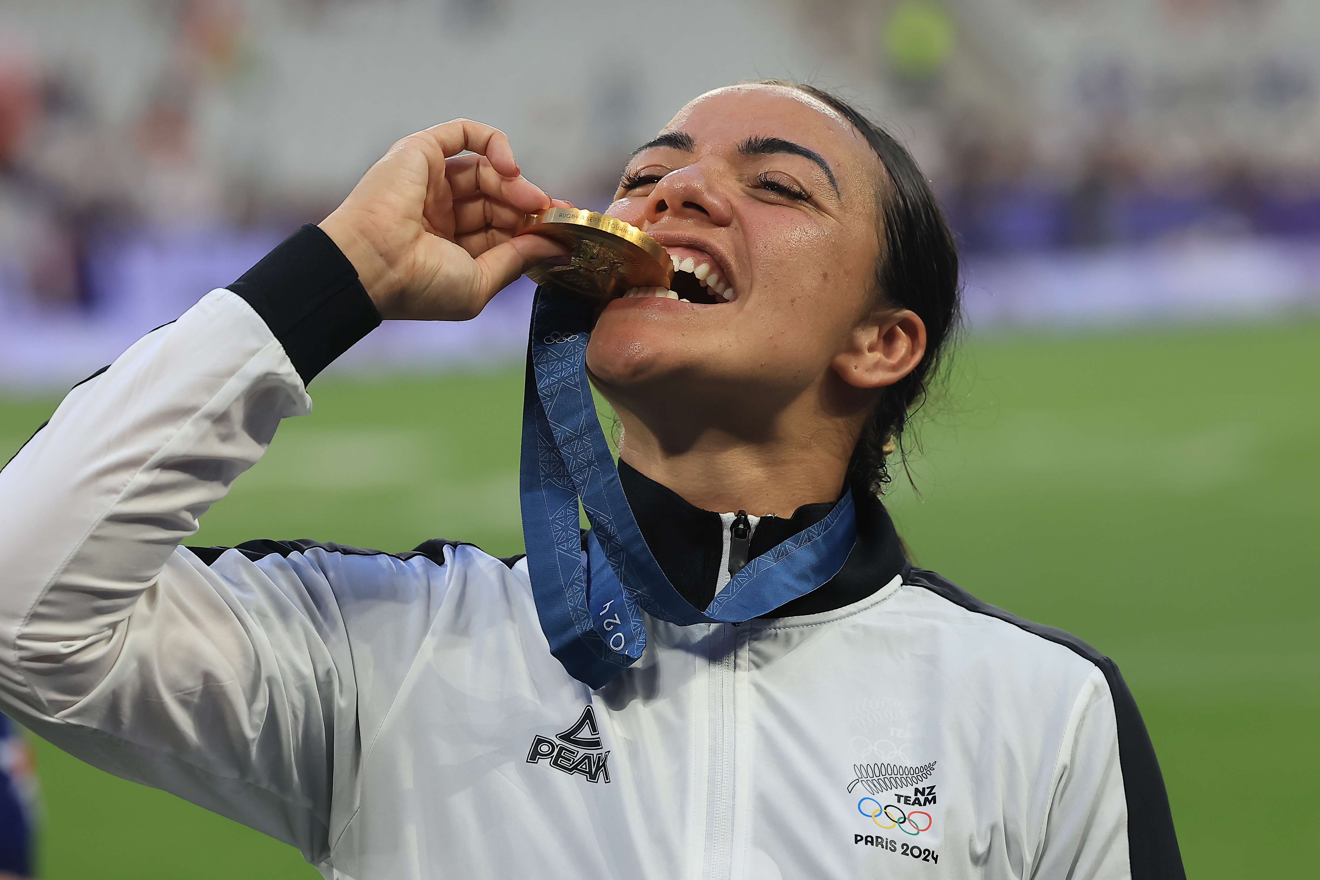 Stacey Waaka celebrates with her gold medal after the Black Ferns Sevens won the Olympic final in Paris. Photo / Photosport