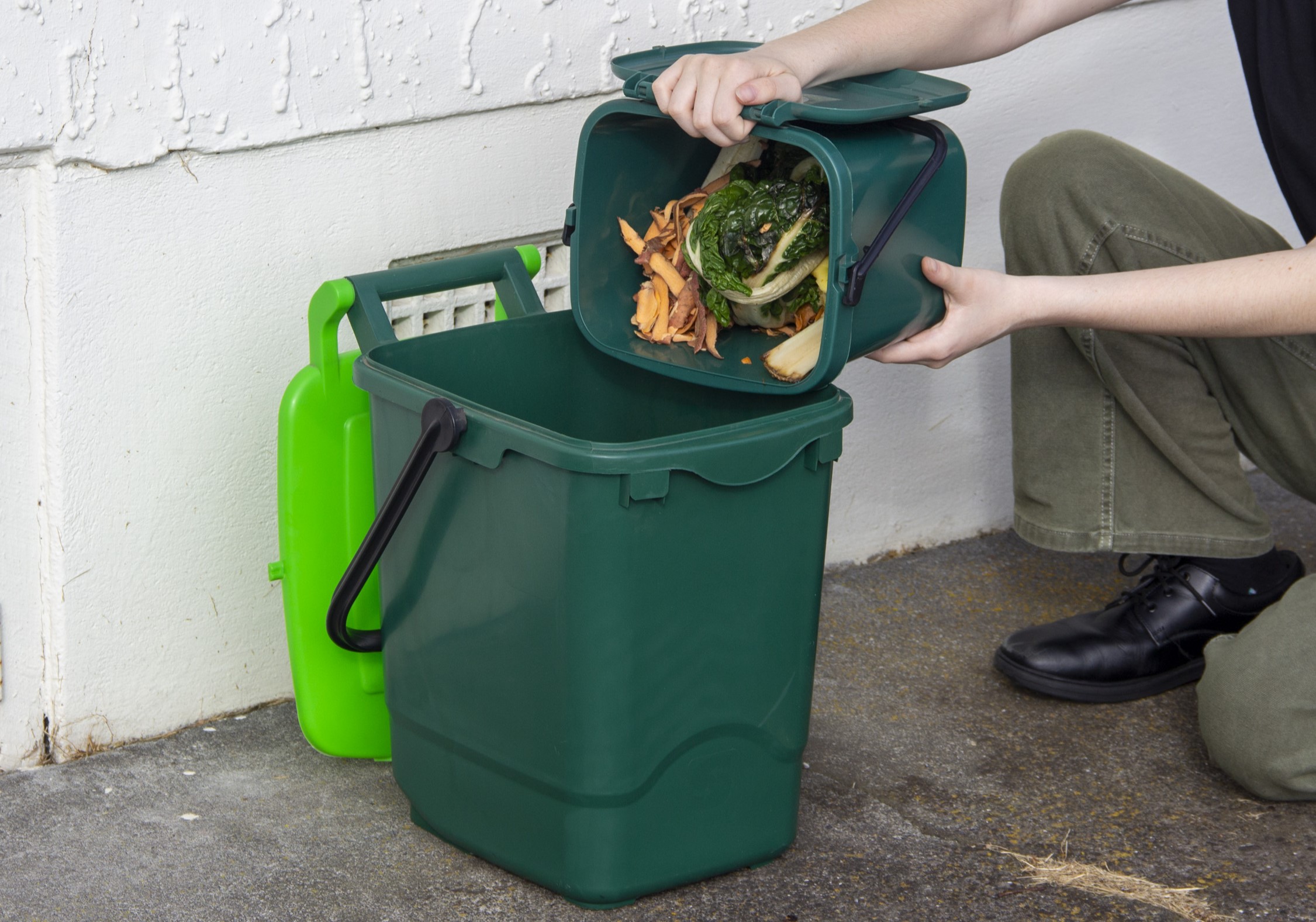 Participants in the trial will be given two green bins to dispose of their food scraps with. Photo/ Whanganui District Council