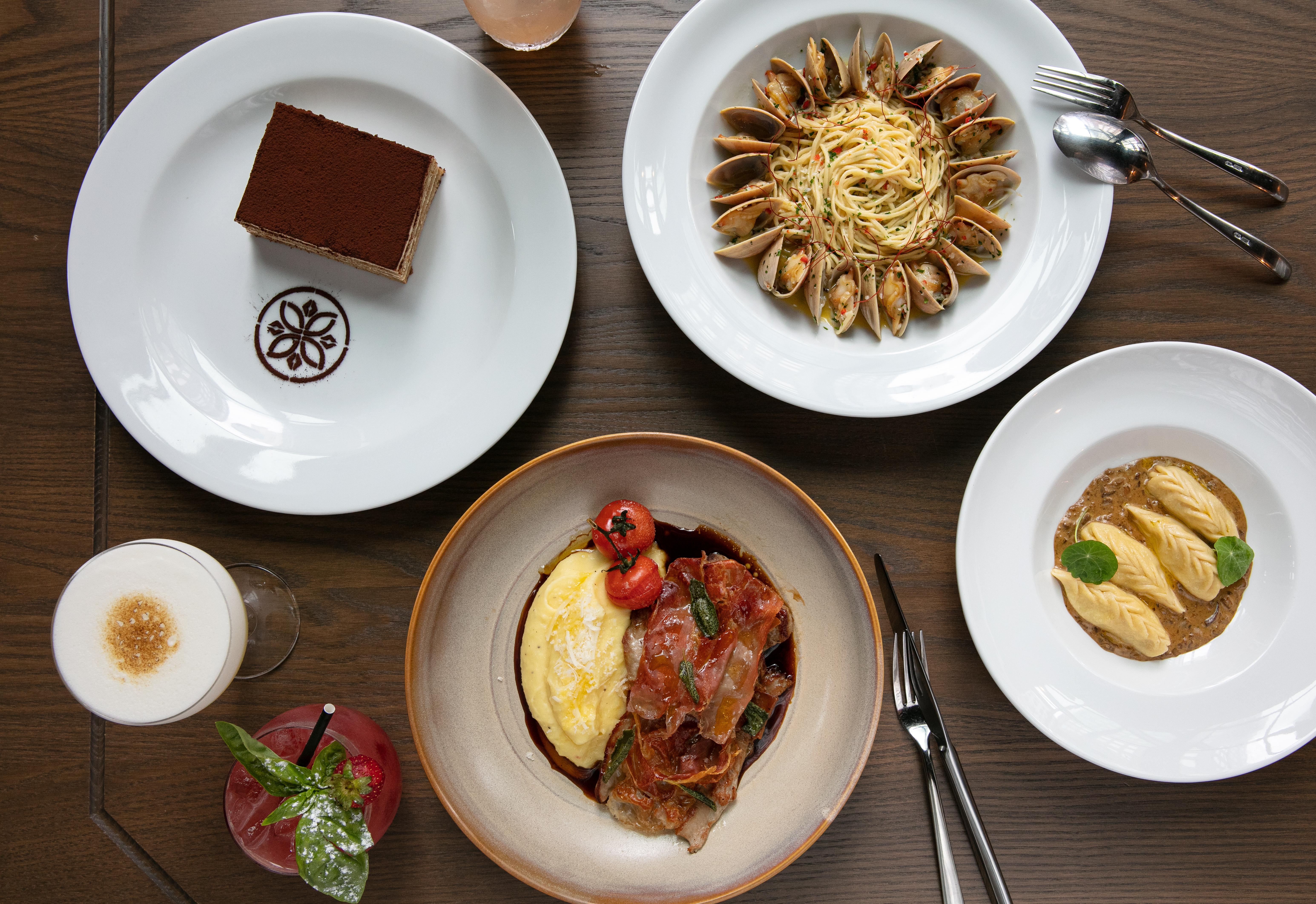 The tiramisu, vongole, culurgiones and saltimbocca on the menu at Bossi. Photo / Babiche Martens