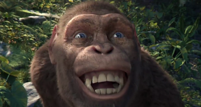 Chris Martin's blue-eyed gorilla character up close