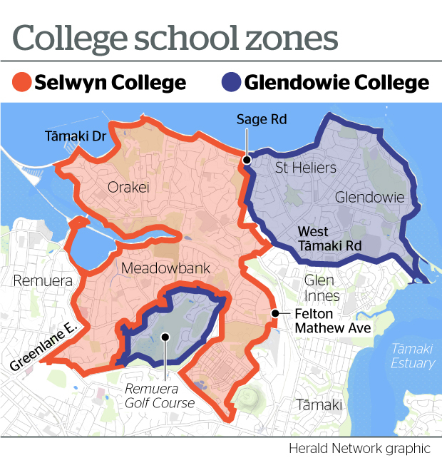 Families living next to the Remuera Golf Course in St John's Park are currently in zone for Glendowie, despite it being further away than Selwyn College. Image / NZHerald