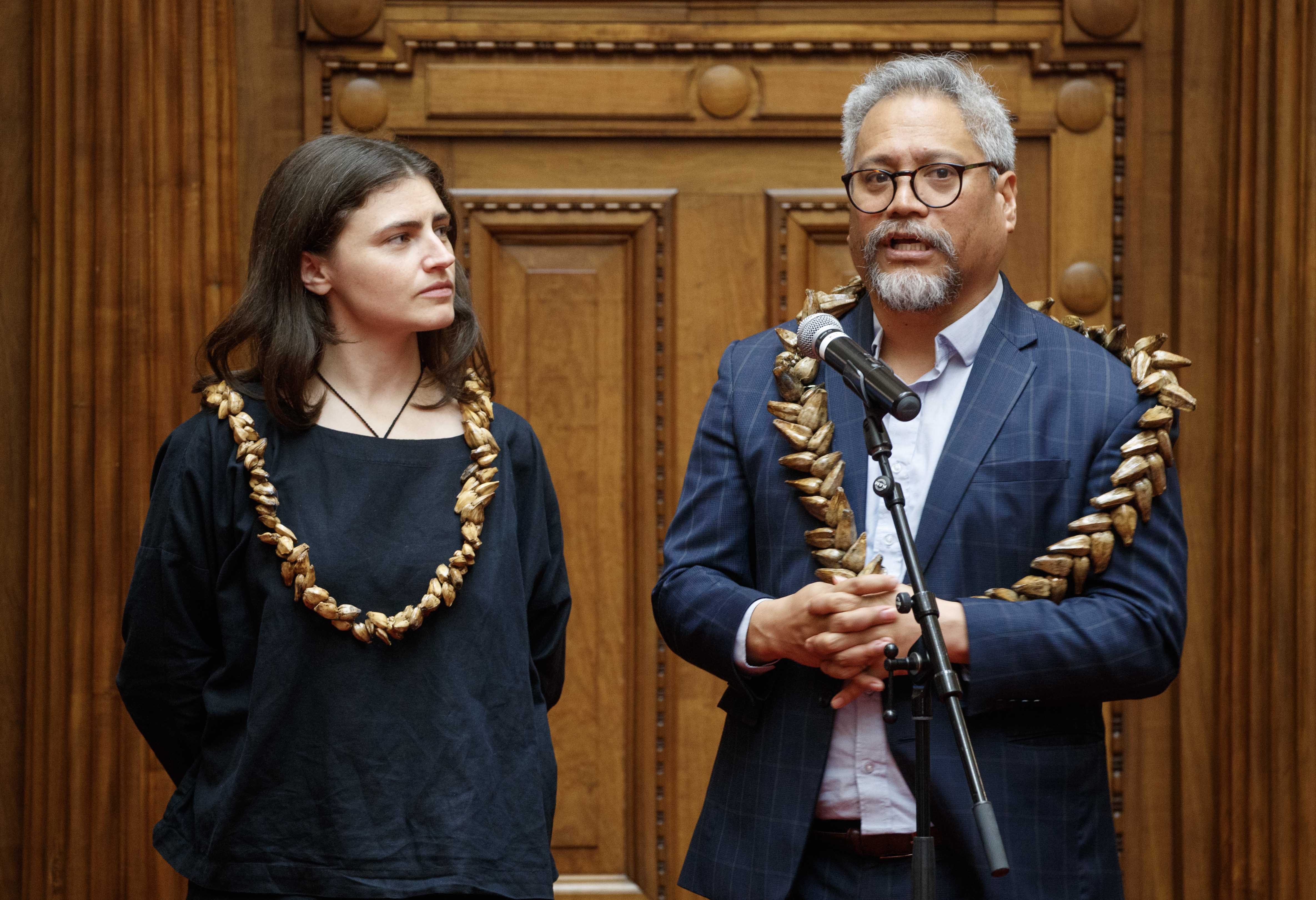 Greens co-leader Chlöe Swarbrick and MP Teanau Tuiono during a function after the second reading of the Samoan Citizenship Bill. Photo / Mark Mitchell

