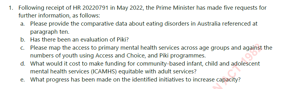 An extract from a briefing by Ministry of Health officials, 'Child and youth mental wellbeing', in July.