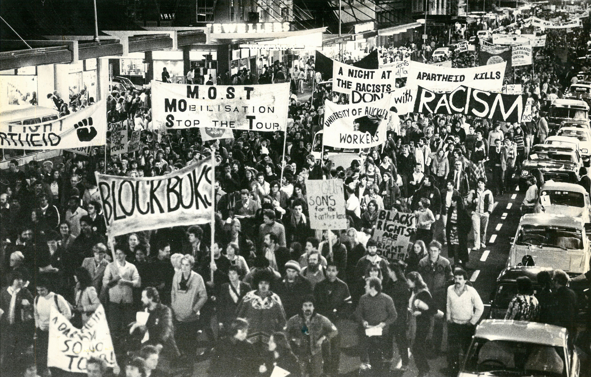 Thousands of anti-tour demonstrators march down Queen St on July 3, 1981, before the Springboks arrived in New Zealand. Photo / NZ Herald
