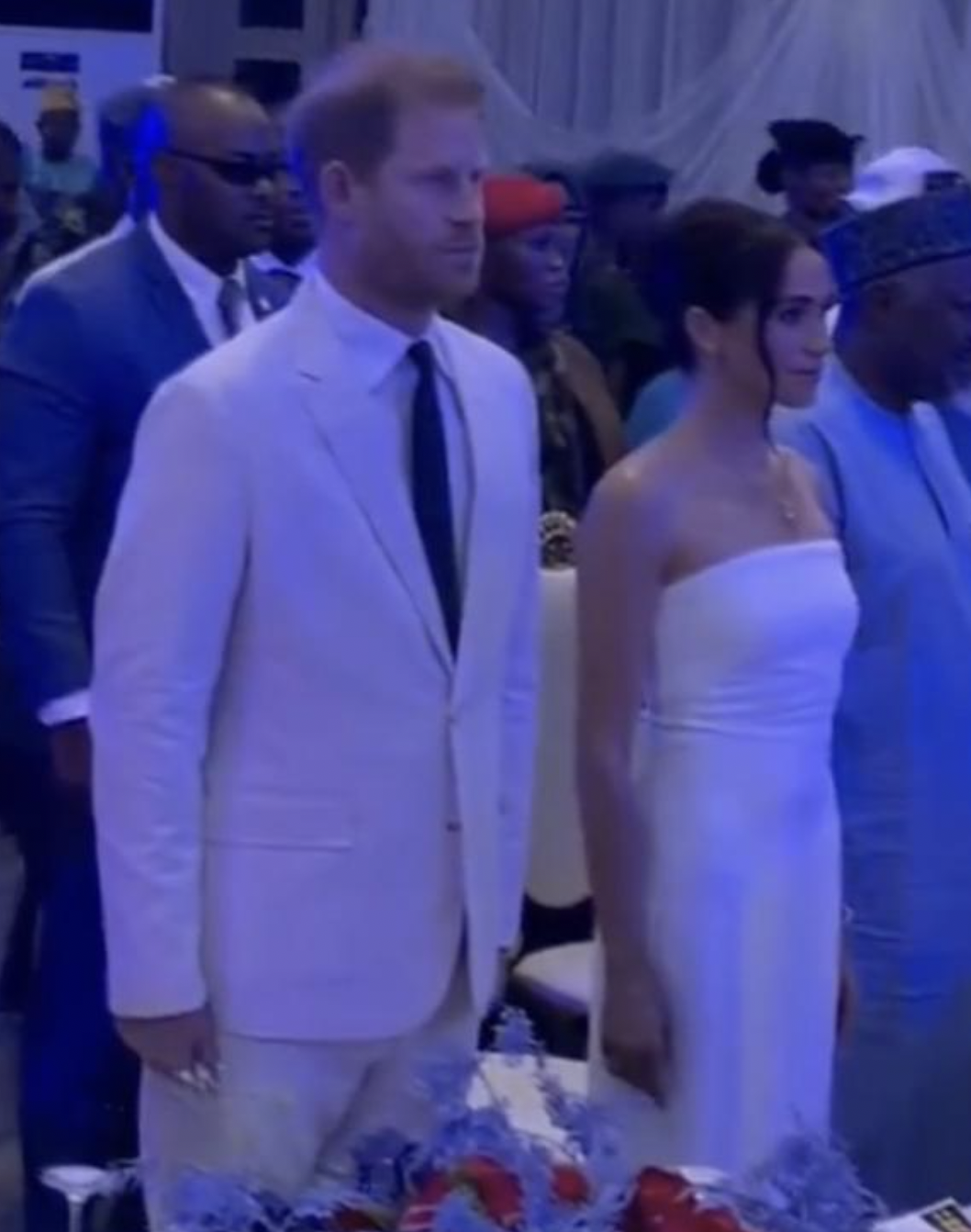 Meghan and Harry were seen standing for 'God Save the King'. Photo / X