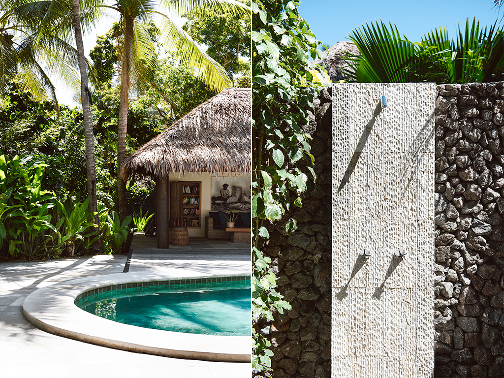 From left: The shared library and one of the outdoor showers. Photo / Supplied