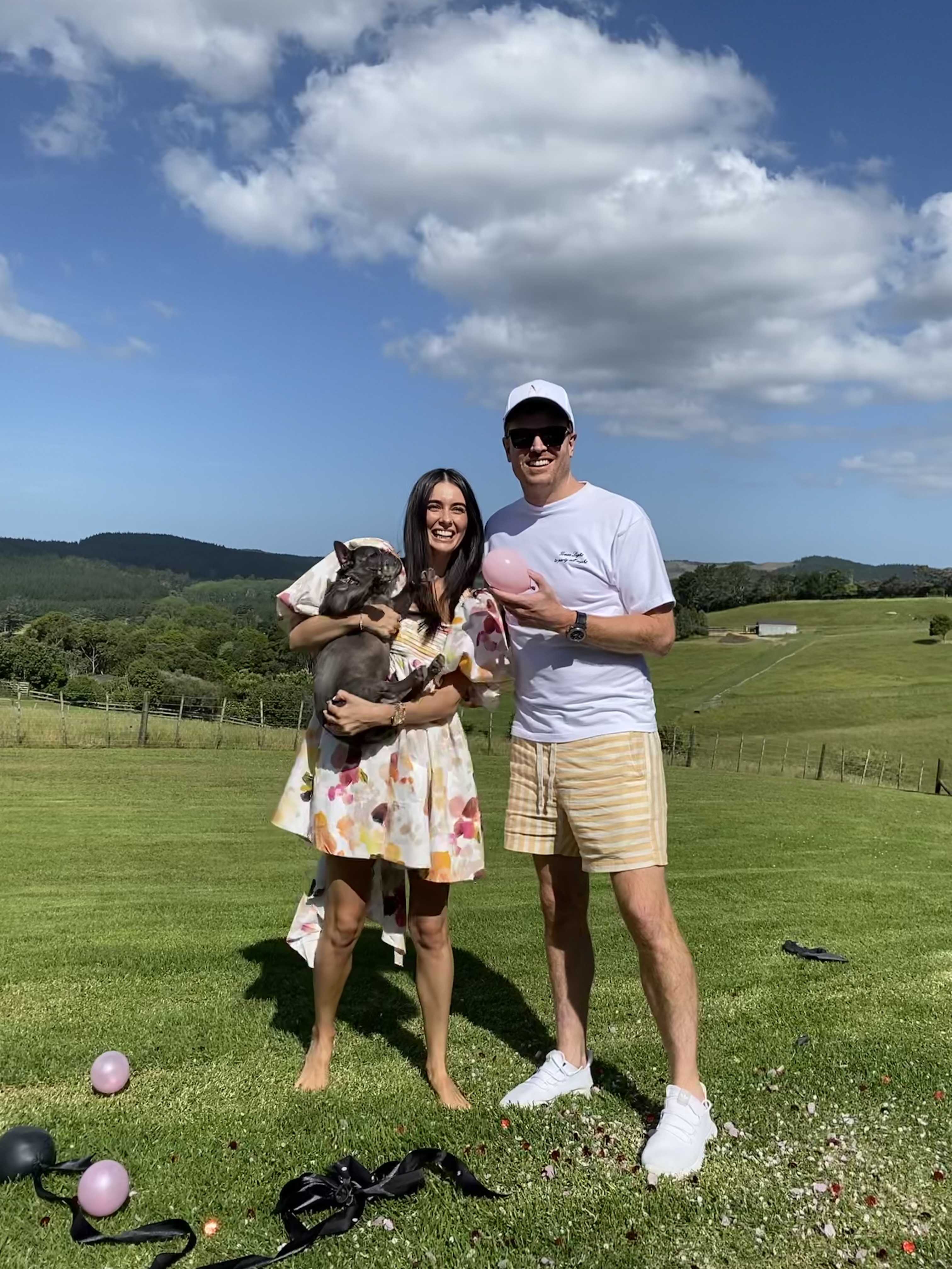 A delighted Jaimee Lupton and Nick Mowbray, with their French bulldog Frankie, on the day they discovered Gingernut was a girl.  