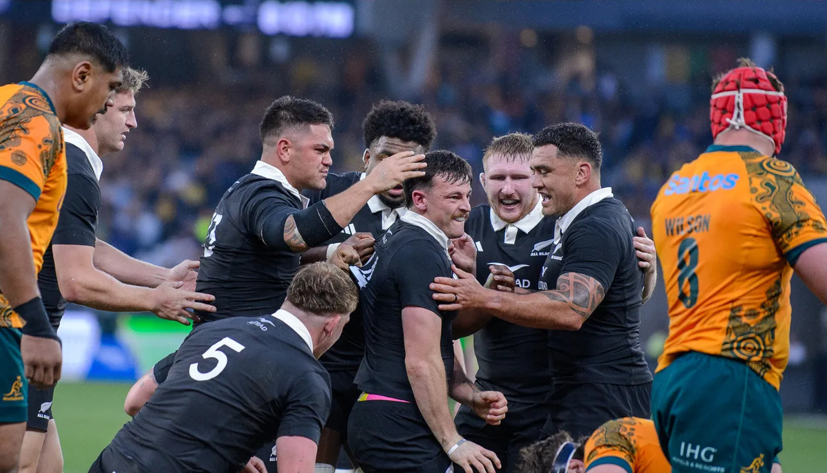 All Blacks wing Leroy Carter celebrates after scoring the opening try against the Wallabies at Optus Stadium in Perth. Photo / SmartFrame