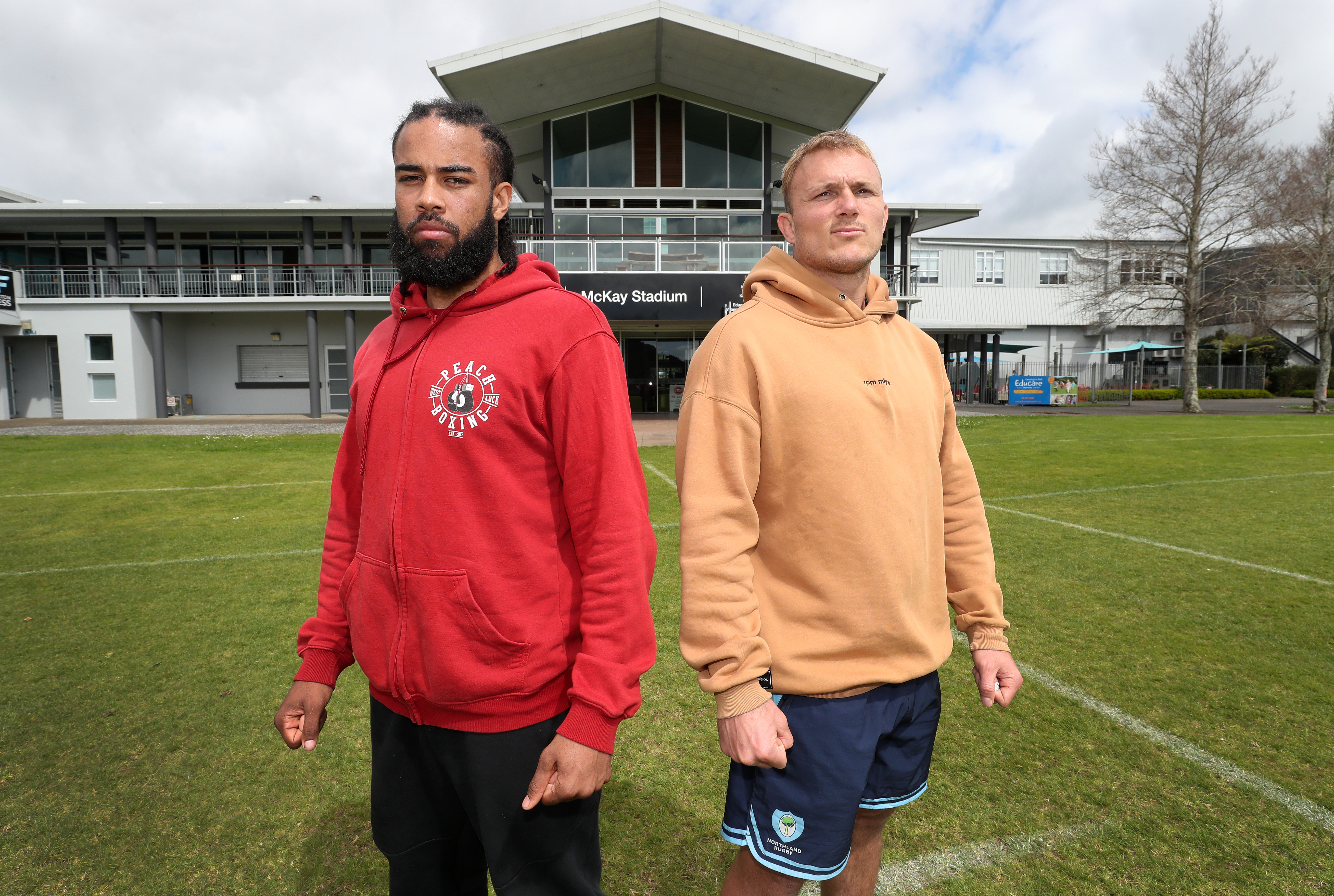 Light-heavyweight boxer Jerome Pampellone and Northland Taniwha player Matt Matich, outside McKay Stadium, in Whangārei, where they will take part in the biggest fight night ever in Northland on December 2 Photo / Michael Cunningham