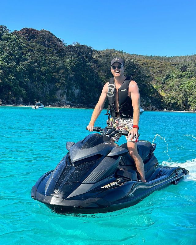 Nick Mowbray having fun on the water while holidaying aboard superyacht The Mahoenui. Photo / Instagram, @Jaimee