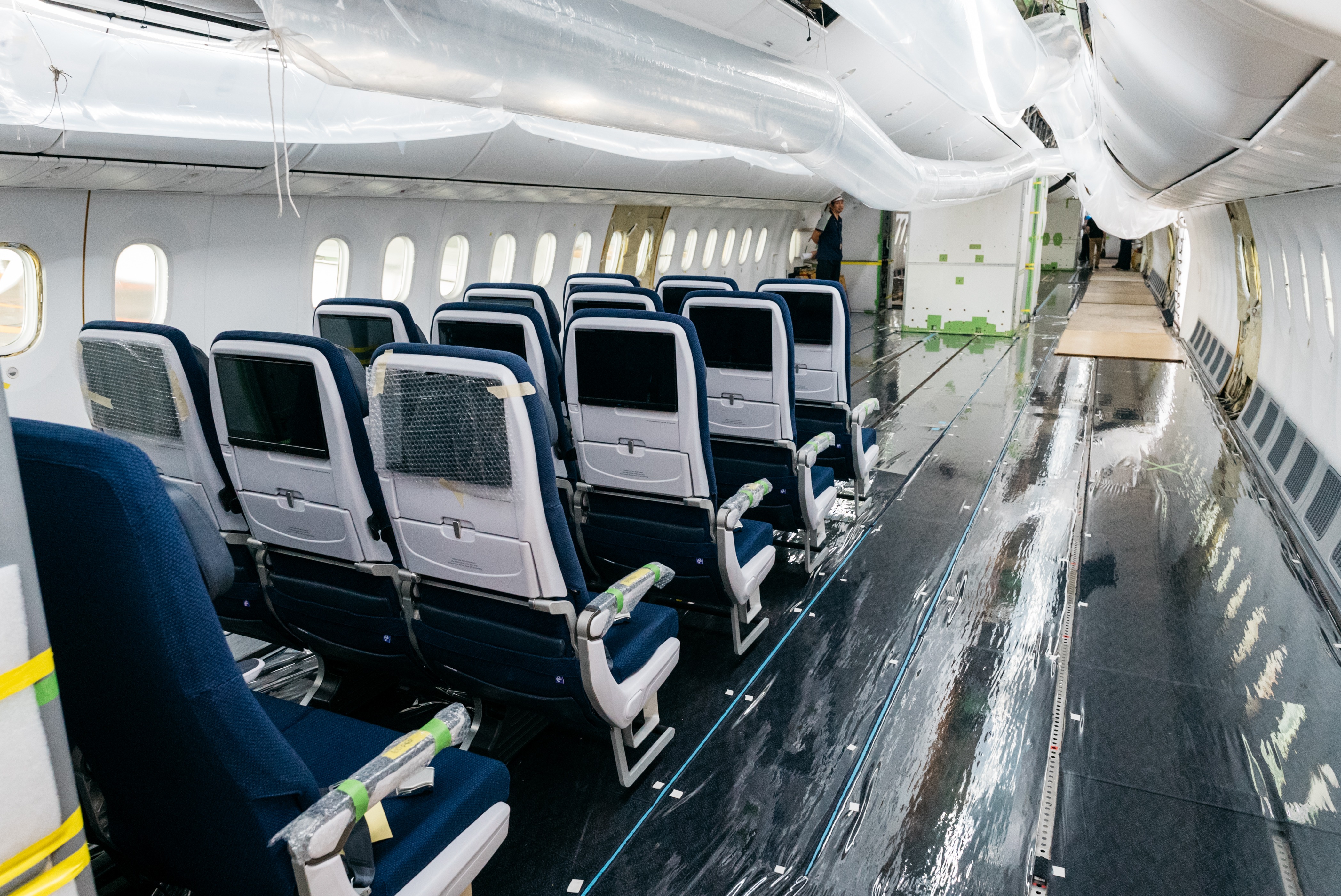 Seen in December, Economy seats have begun to be installed on Air New Zealand's Boeing 787-9 Dreamliner as part of its retrofit being completed by S.T. Engineering in Singapore. Photo / Air New Zealand, Alex Twentyman