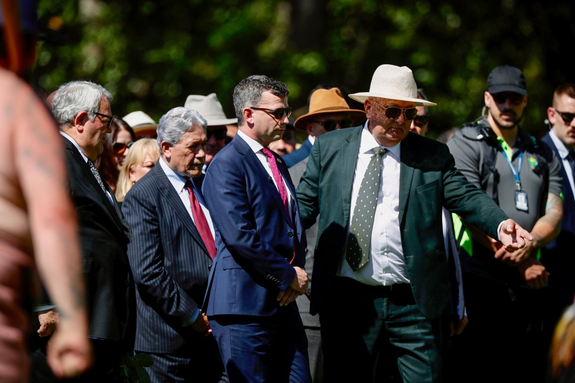 Shane Jones ushering Act leader David Seymour forward during the pōwhiri. Photo / Dean Purcell