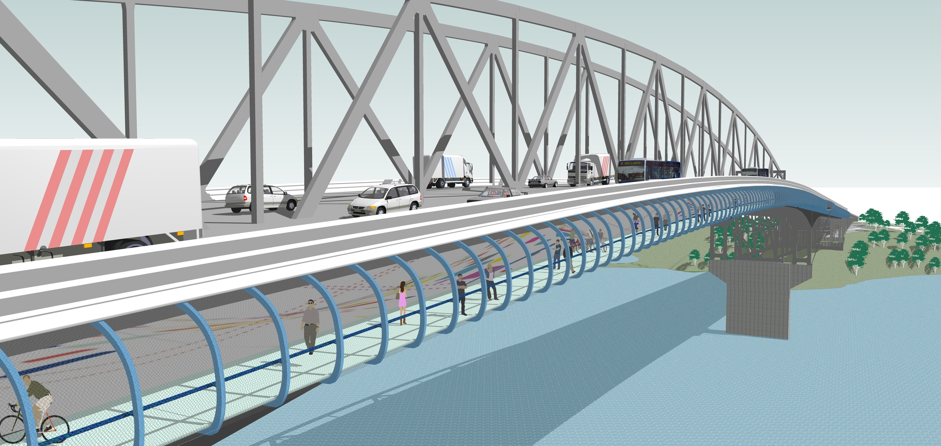 Artist's impression of the 2016 SkyPath proposal for walking and cycling on the harbour bride. Image / supplied