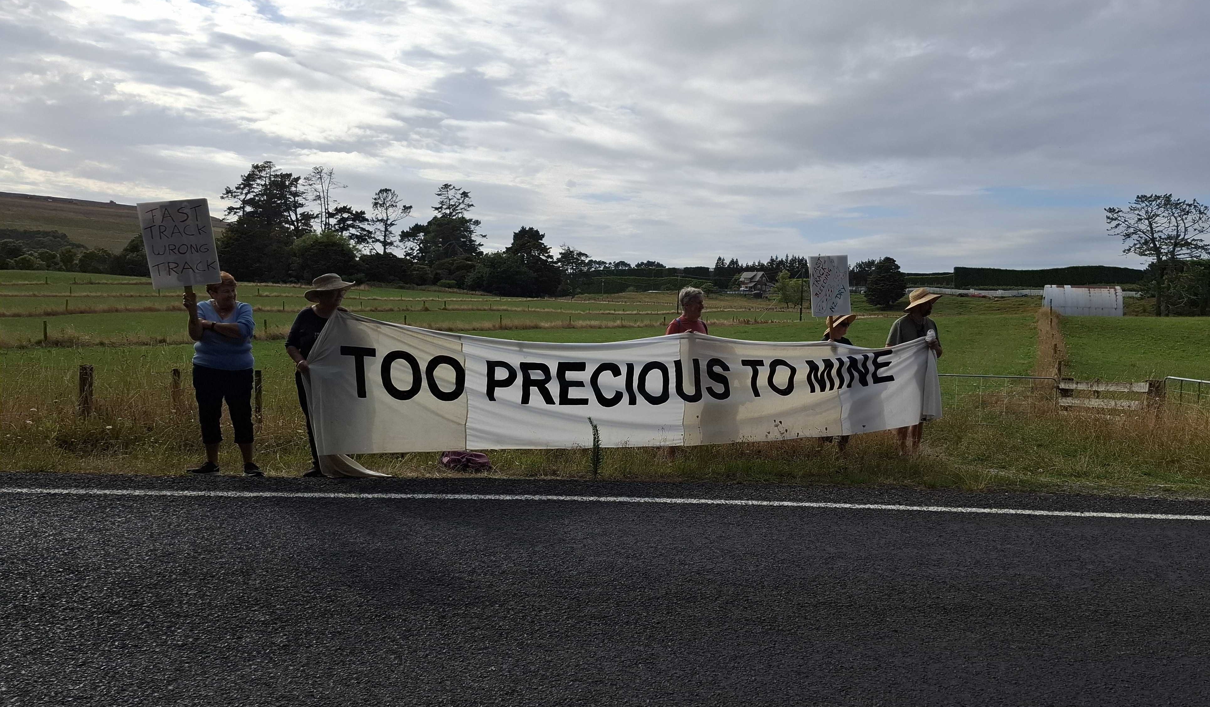 Anti-mining protestors in Waihi this morning ahead of Shane Jones' announcement on the Government's mining strategy. Photo / Tom Eley