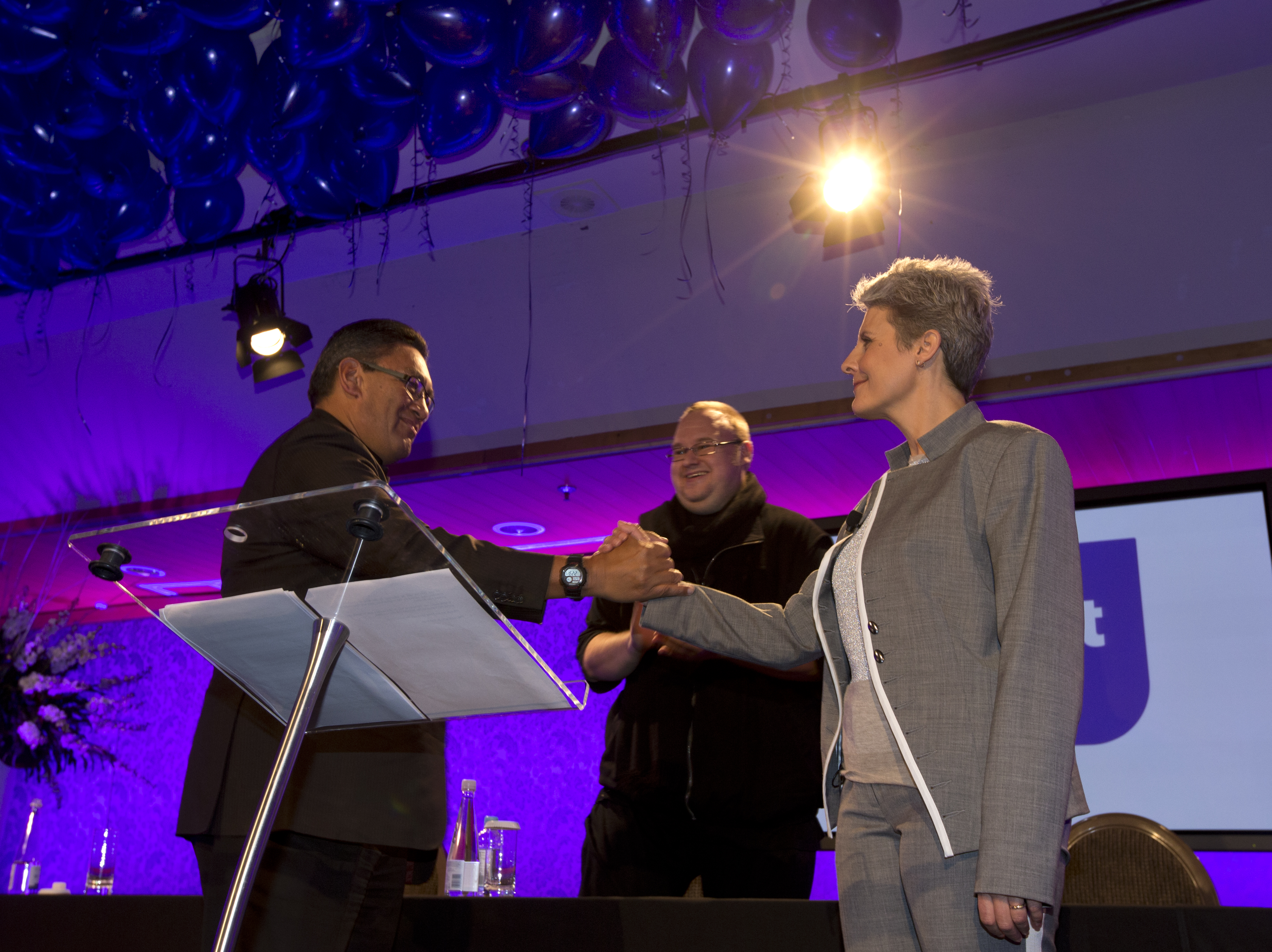Laila Harawira with Mana Party's Hone Harawira and Kim Dotcom. Photo / Brett Phibbs