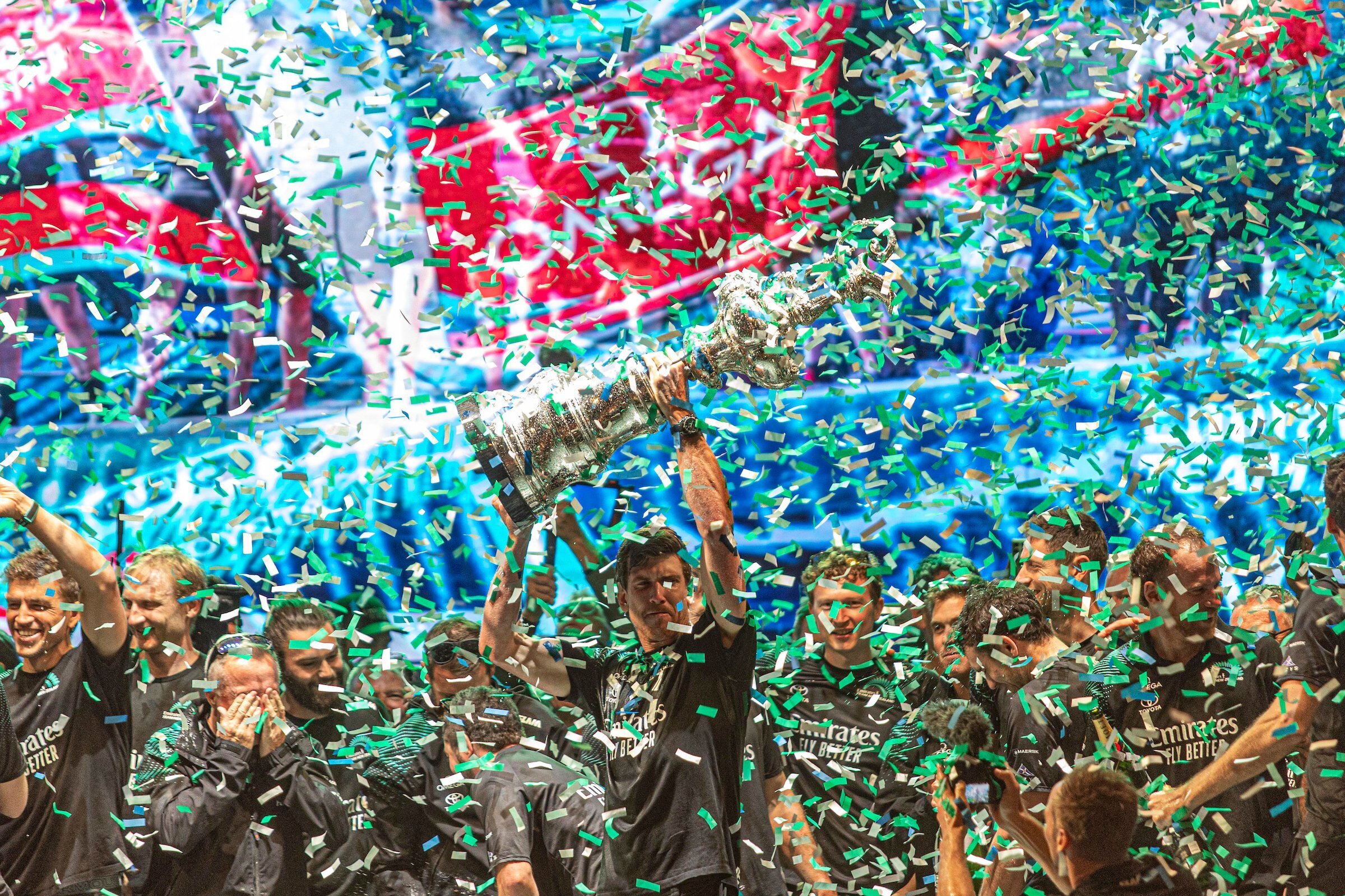 Emirates Team New Zealand celebrate defending the America's Cup in Barcelona. Photo / Ivo Rovira, America's Cup