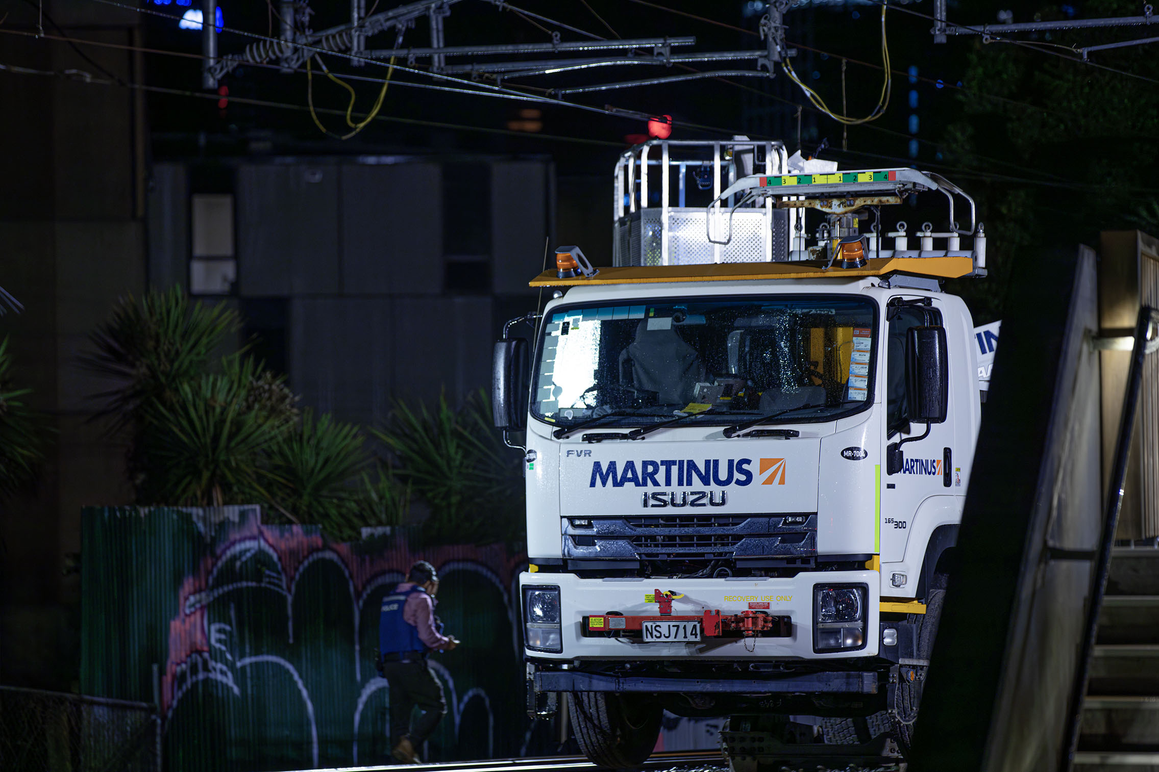 The rail workers were in a maintenance vehicle which came in contact with overhead power lines, KiwiRail says. Photo / Hayden Woodward