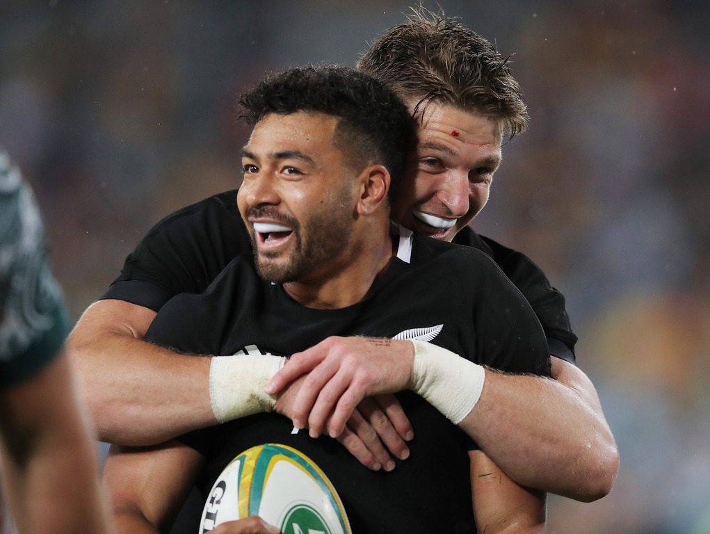 Richie Mo'unga and Beauden Barrett celebrate a try in the big win over the Wallabies. Photo / Getty