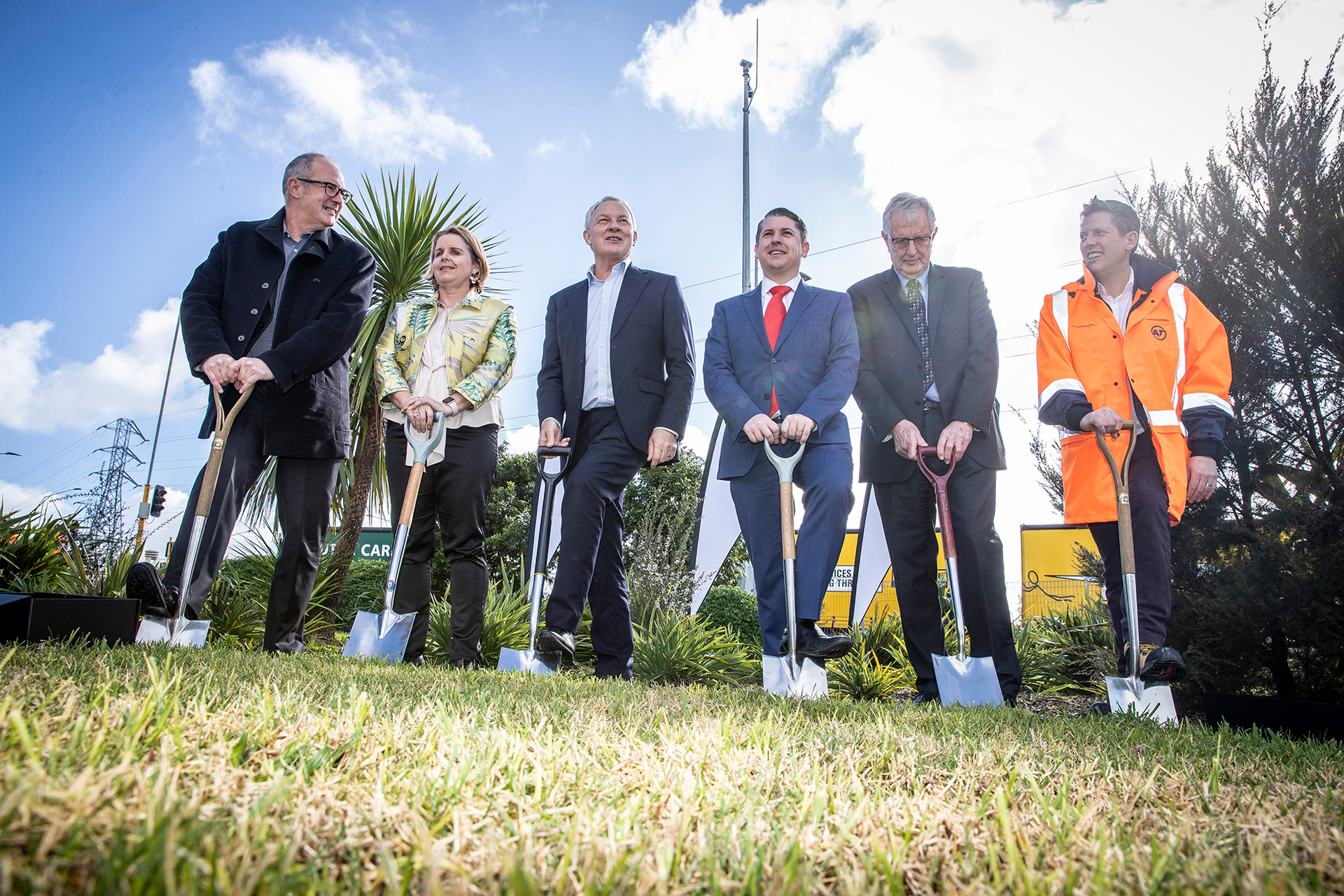 Phil Twyford, Nicole Rosie, Phil Goff, Michael Wood, Wayne Donnelly and Shane Ellison at the ceremony to start work on the busway. Photo / Michael Craig