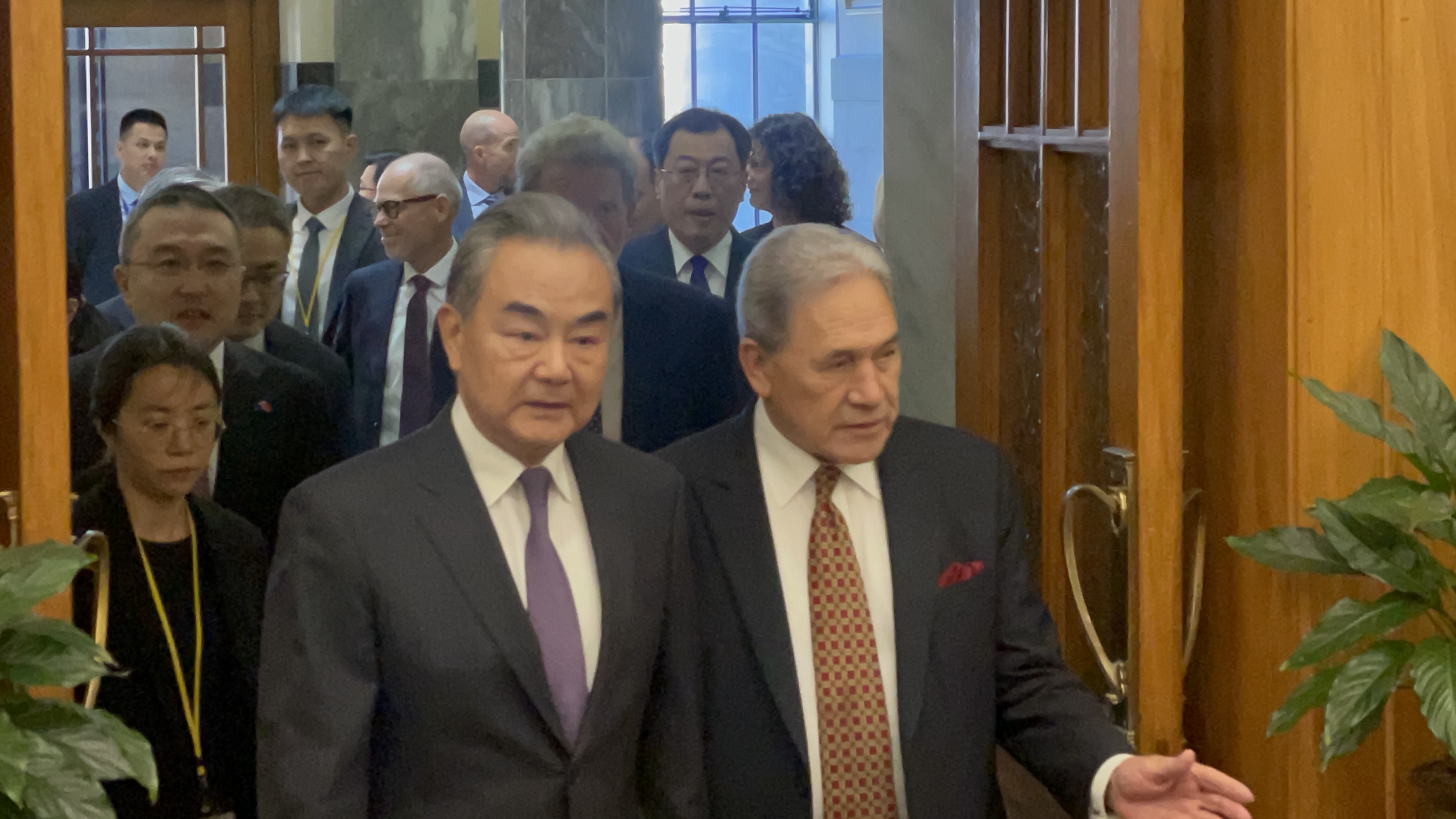 Foreign Minister Winston Peters welcomes his counterpart, Wang Yi, to Wellington. Photo / Thomas Coughlan
