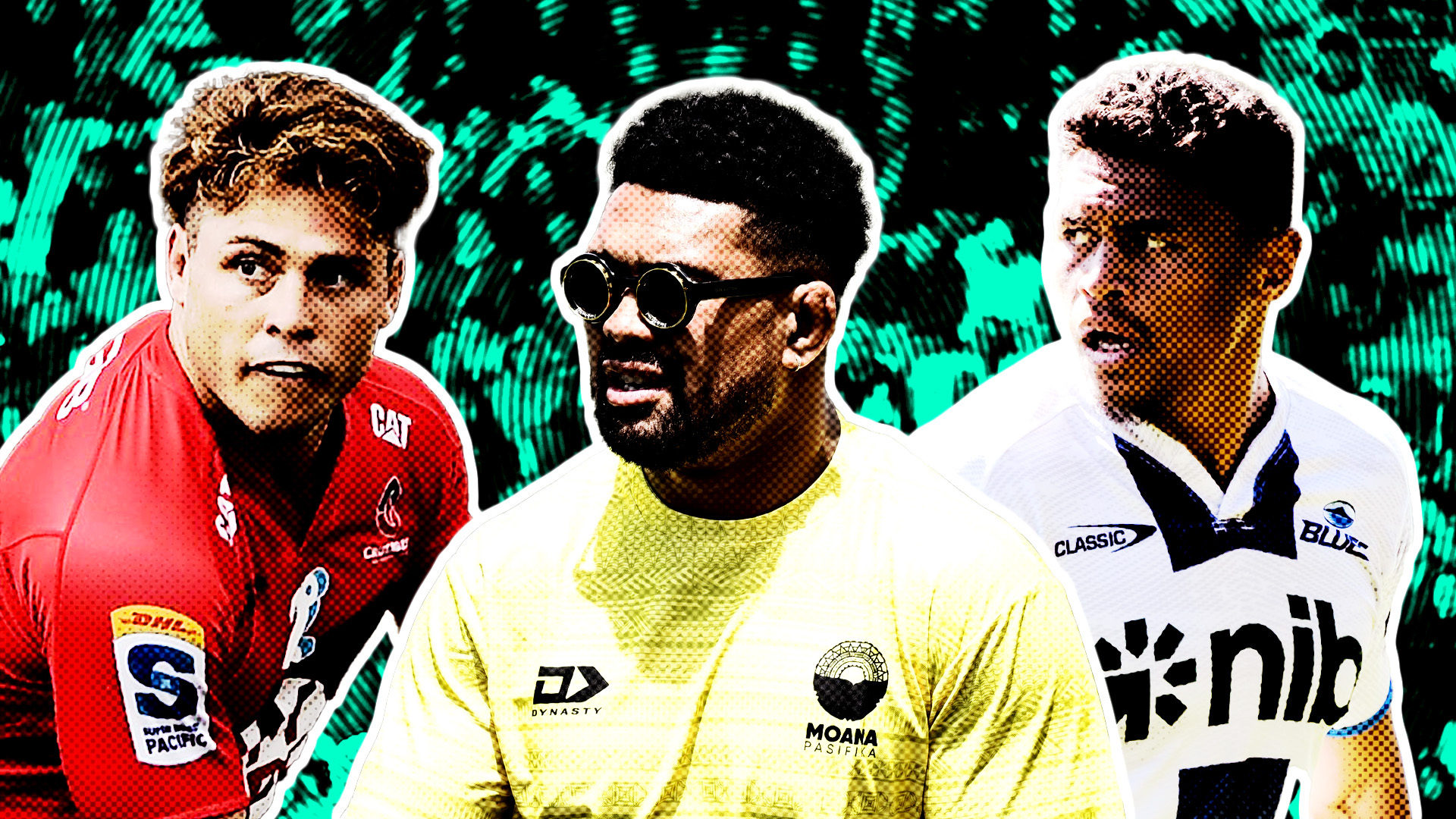 Who will top our top 100 list for Super Rugby Pacific 2025? Pictured from left: James O'Connor, Ardie Savea and Caleb Clarke. Photos / Photosport, Graphic / Phil Welch