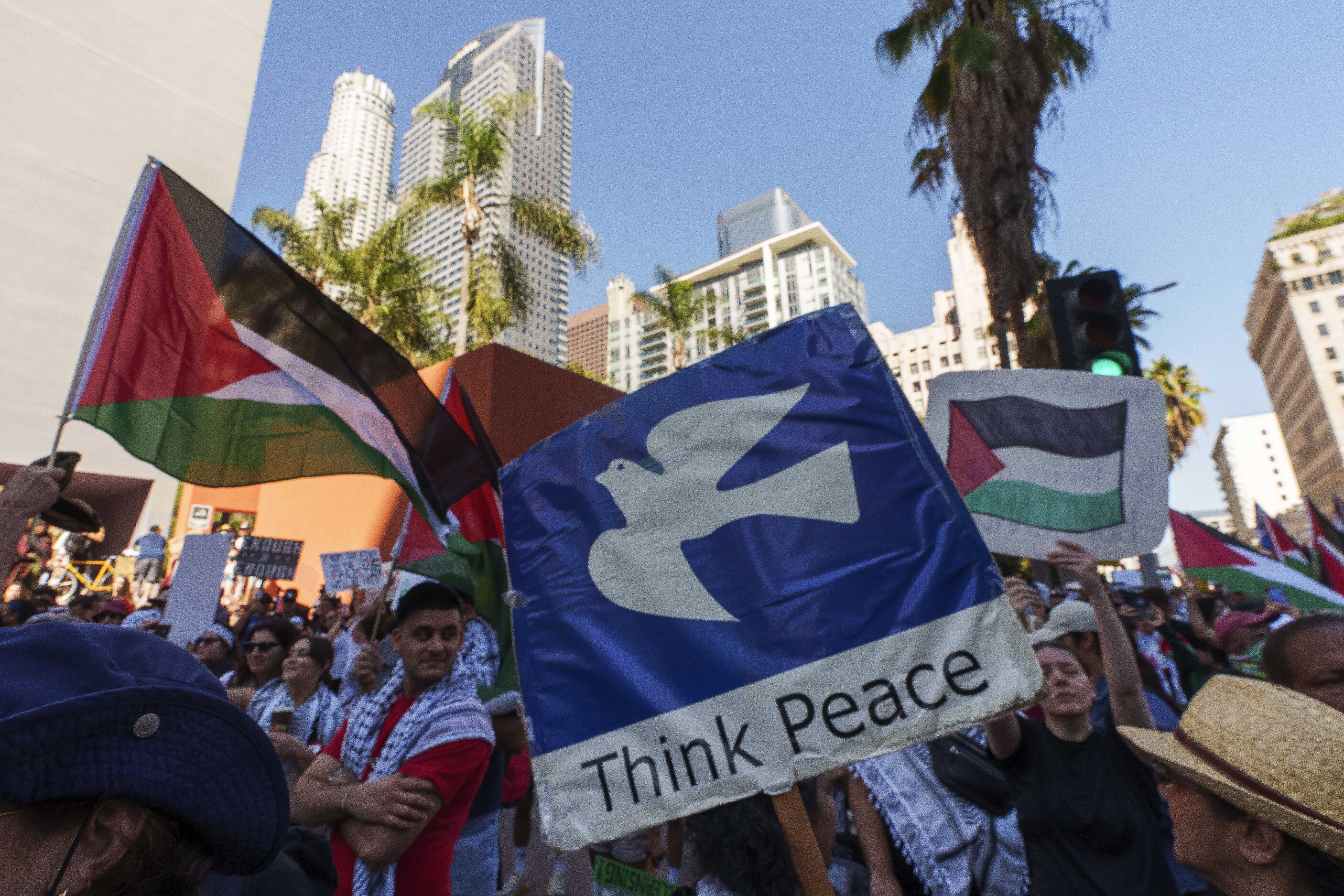 People participate during a pro-Palestinian march calling for a ceasefire in Gaza, in downtown Los Angeles. Photo / AP