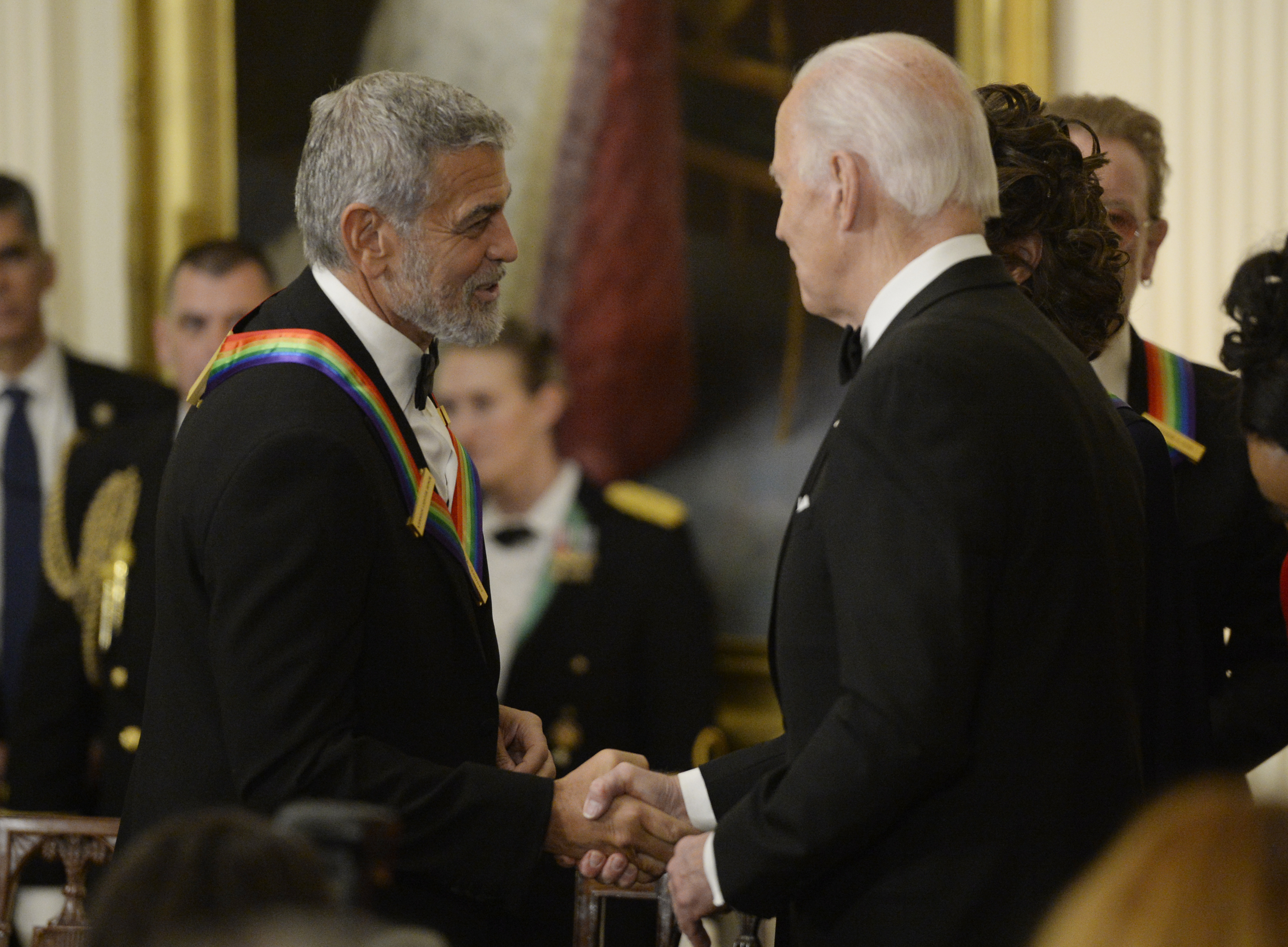 US President Joe Biden greets actor George Clooney during the Kennedy Center honoree reception in December, 2022. Photo / Getty Images