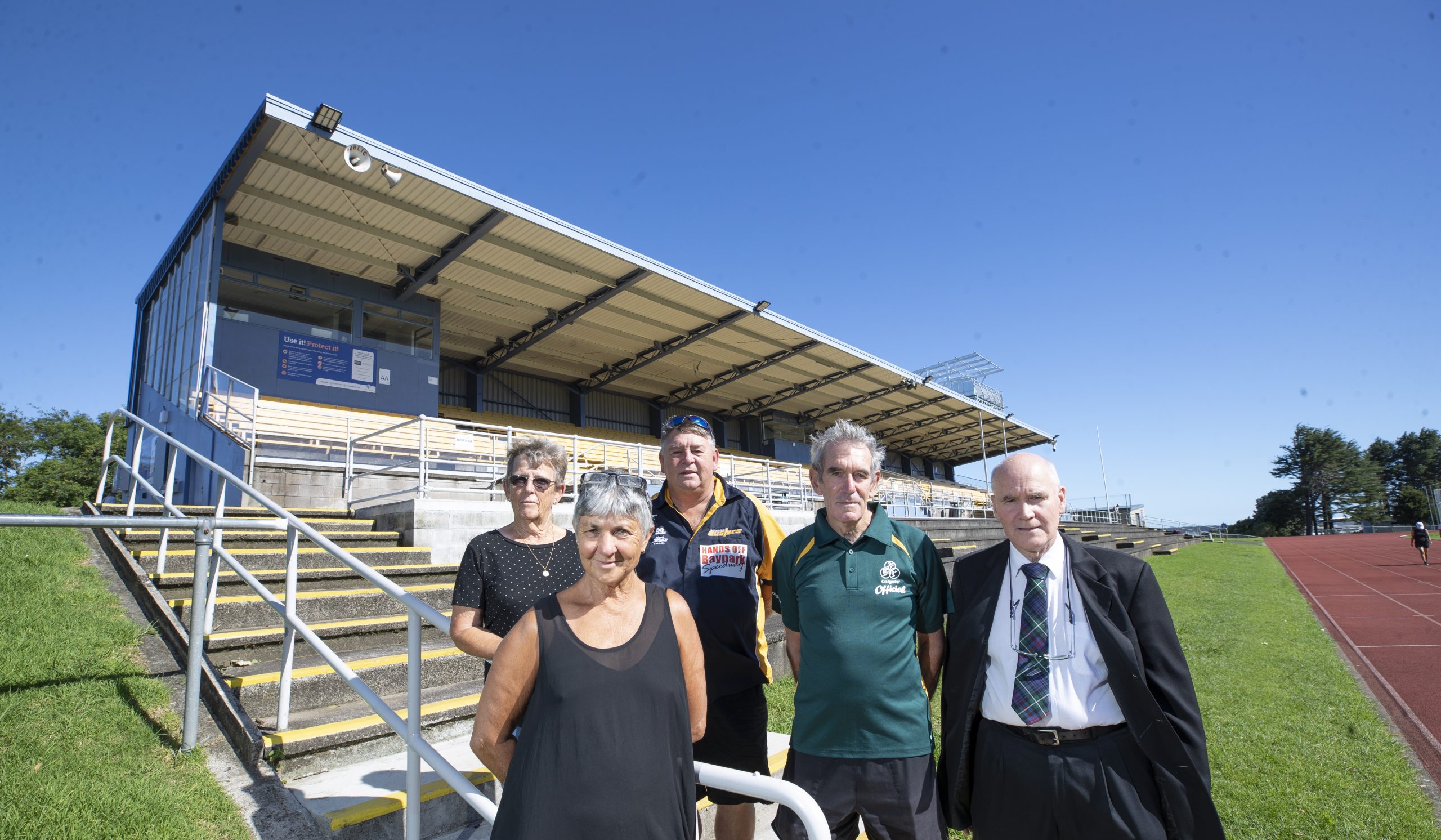 Hands Off Tauranga Domain alliance members Gretchen Benvie, Michel Galloway, Mark Decke, Murray Clarkson and Garth Mathieson want the domain to stay a green space. Photo / John Borren, Sun Media